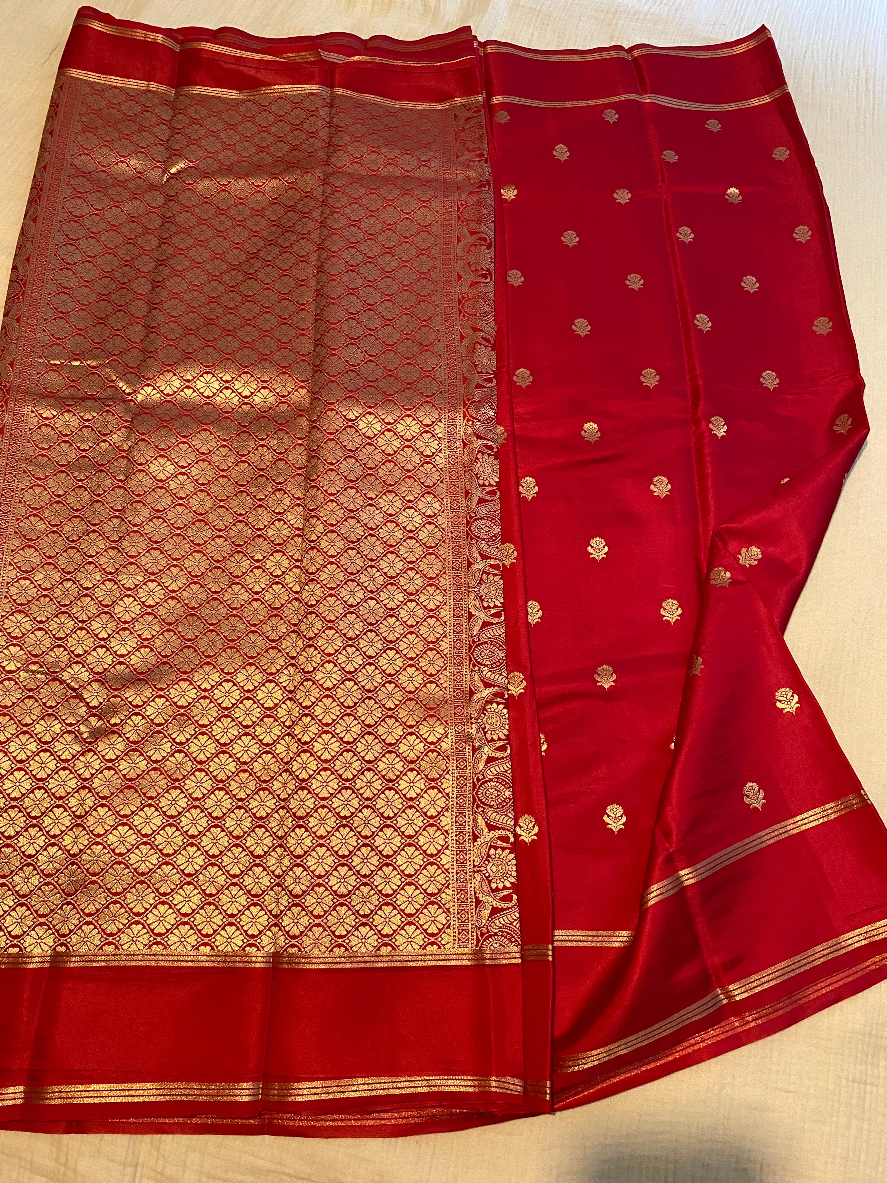Red Gajji Silk Fancy Saree with Gold Zari Border & Woven Pallu