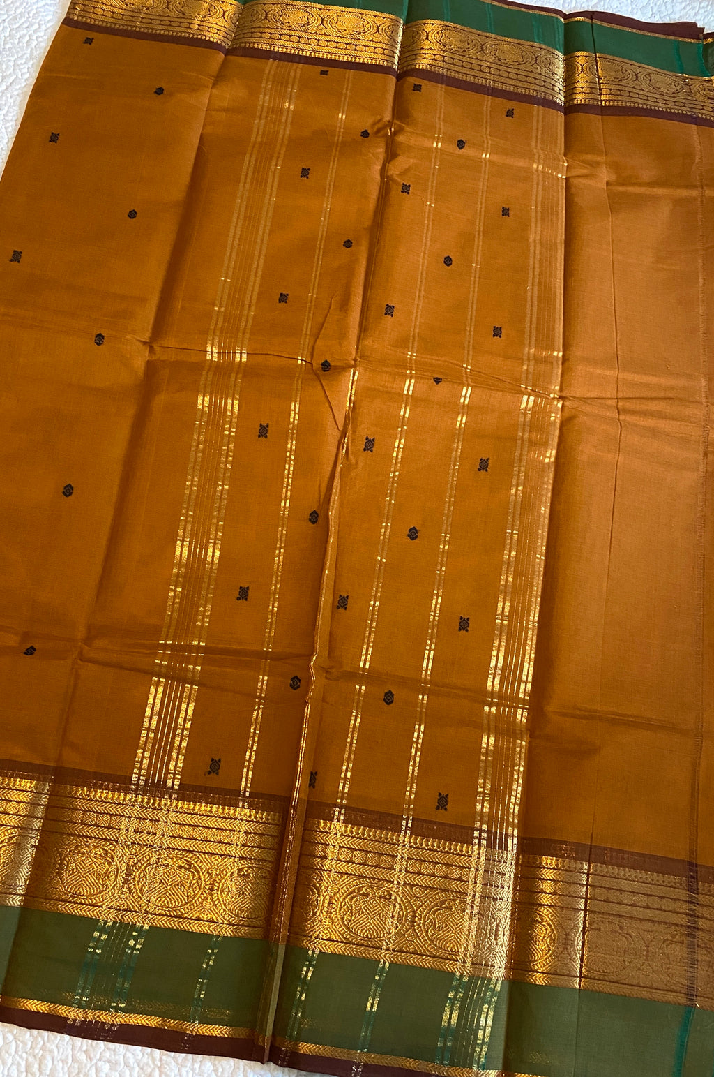 Pure Kanchi Cotton Saree | Honey Mustard with Contrast Green Border