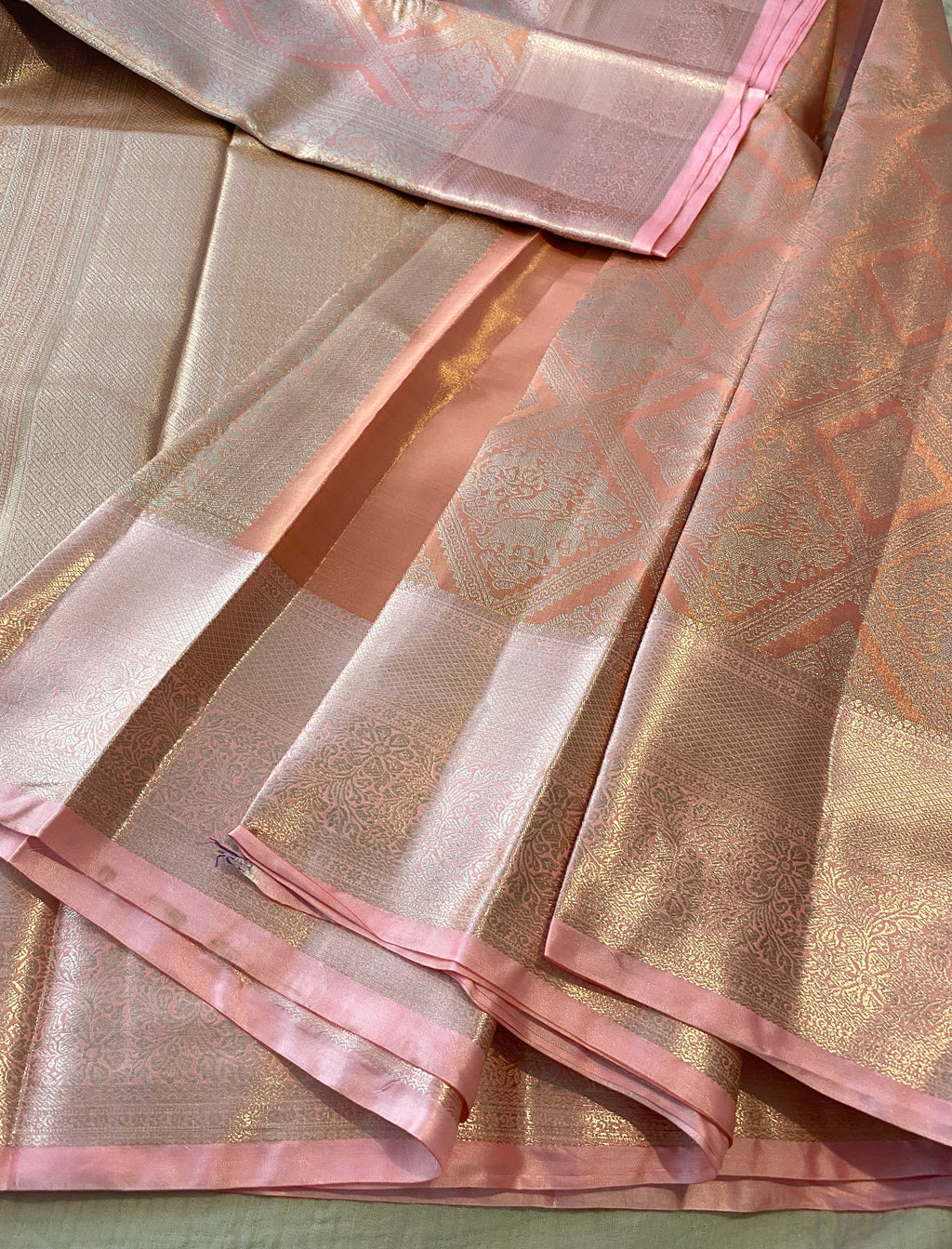 Premium Blush Pink Semi-Kanchipuram Silk Saree with Elegant Woven Motifs