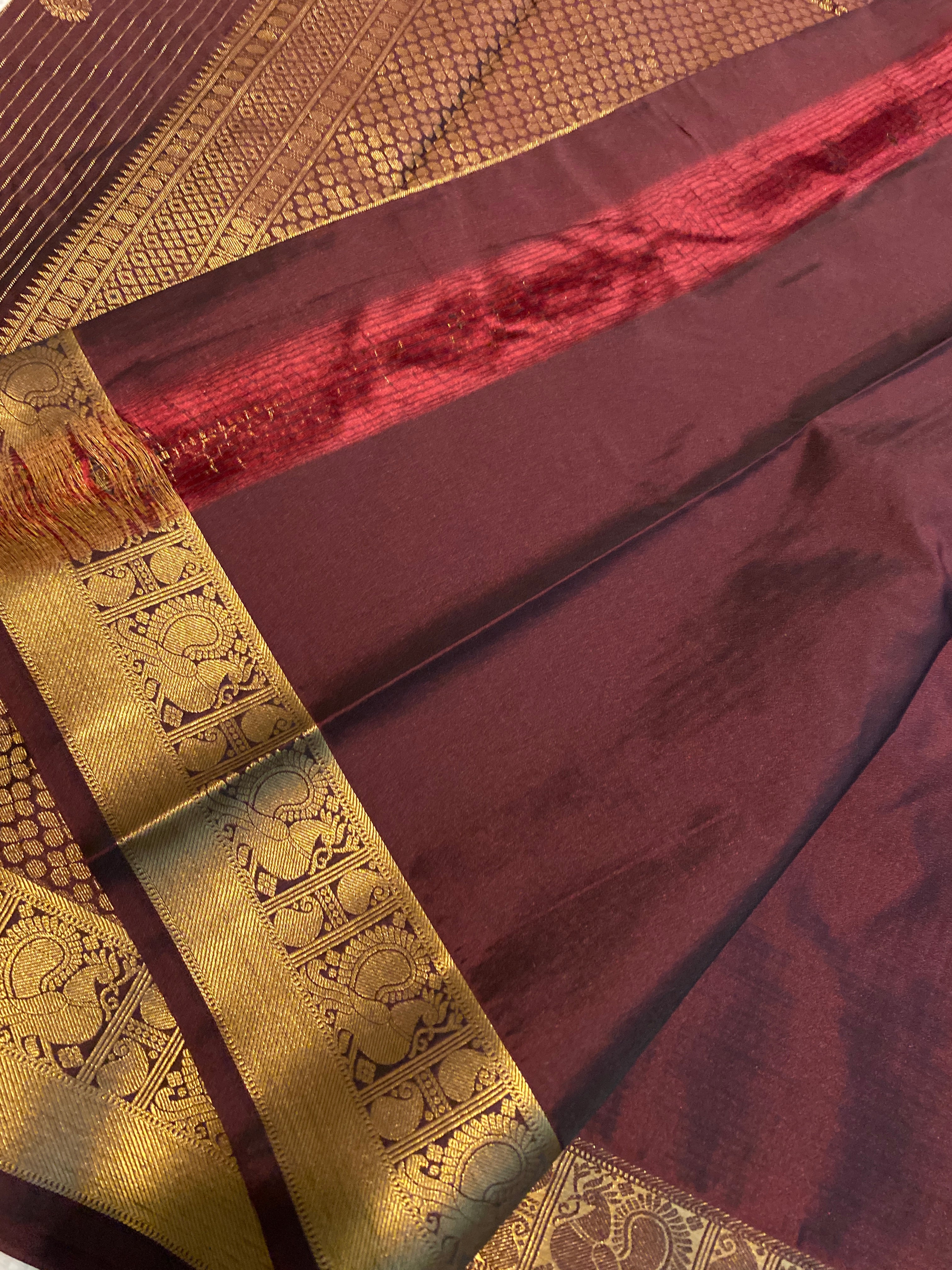 Coffee Maroon & Antique Gold Semi-Kanchipuram Silk Saree with Peacock Border