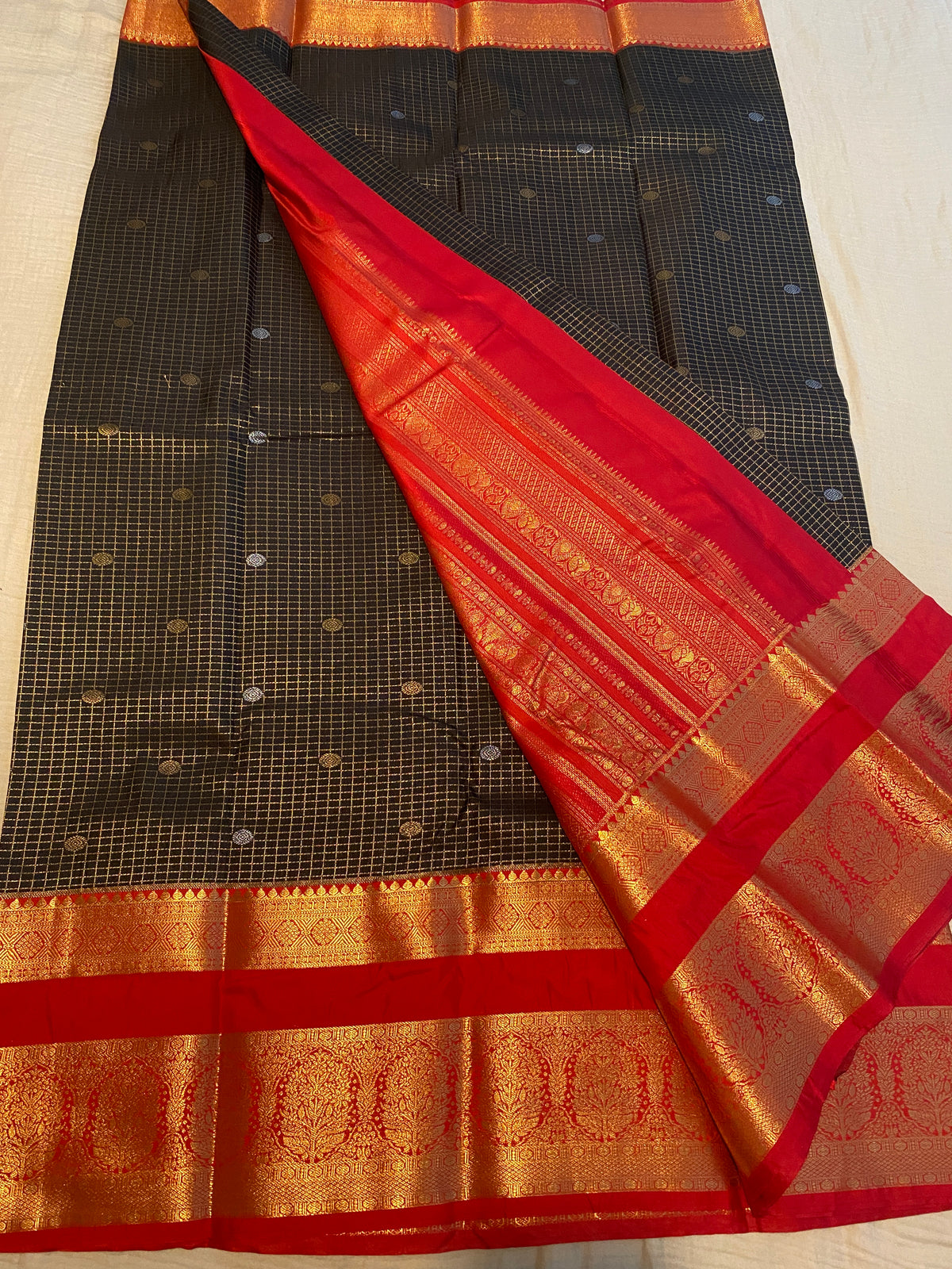 Premium Black & Red Semi-Kanchipuram Silk Saree with Gold Zari
