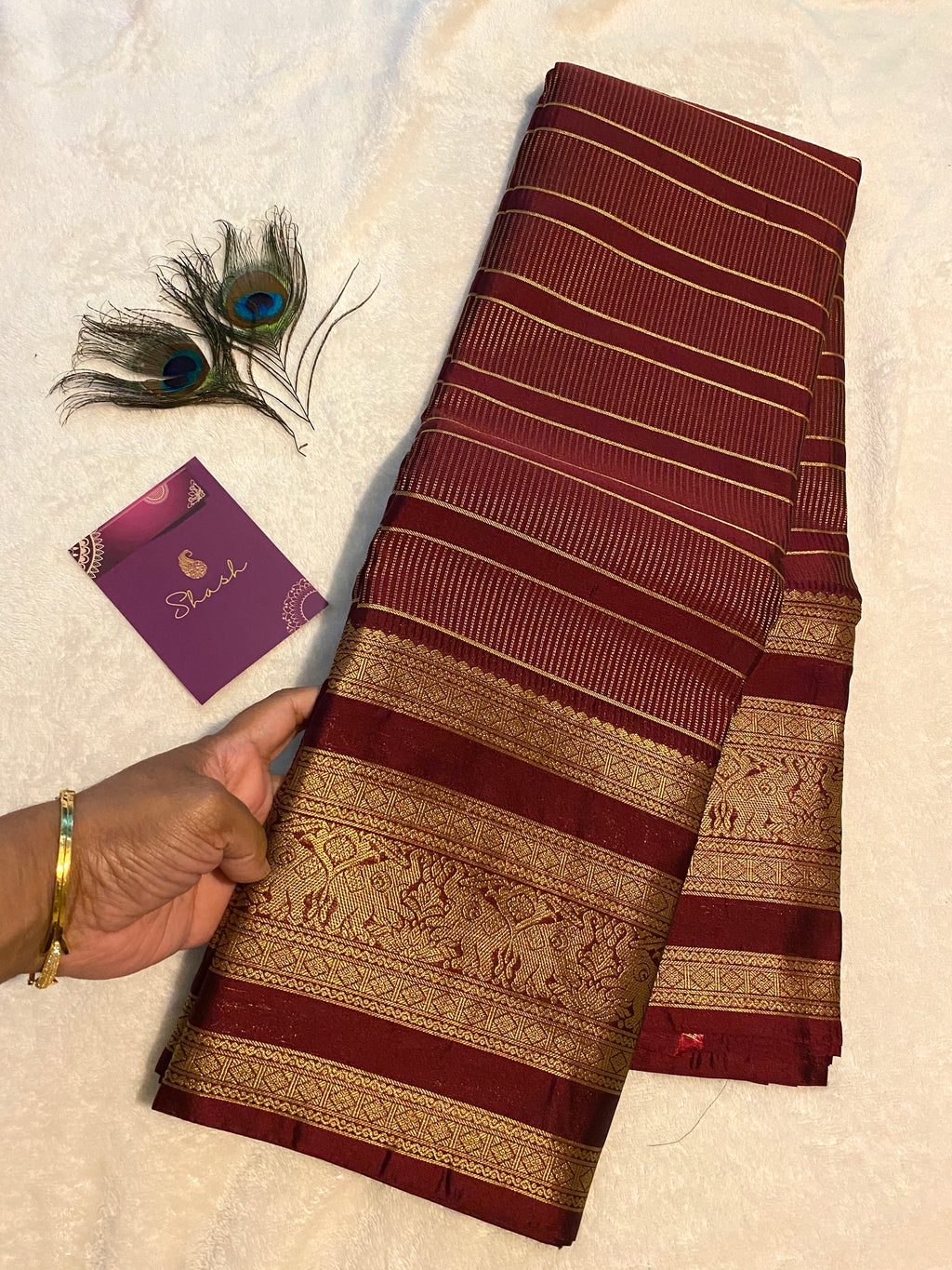 Maroon Semi-Kanchipuram Silk Saree with Gold Zari Stripes