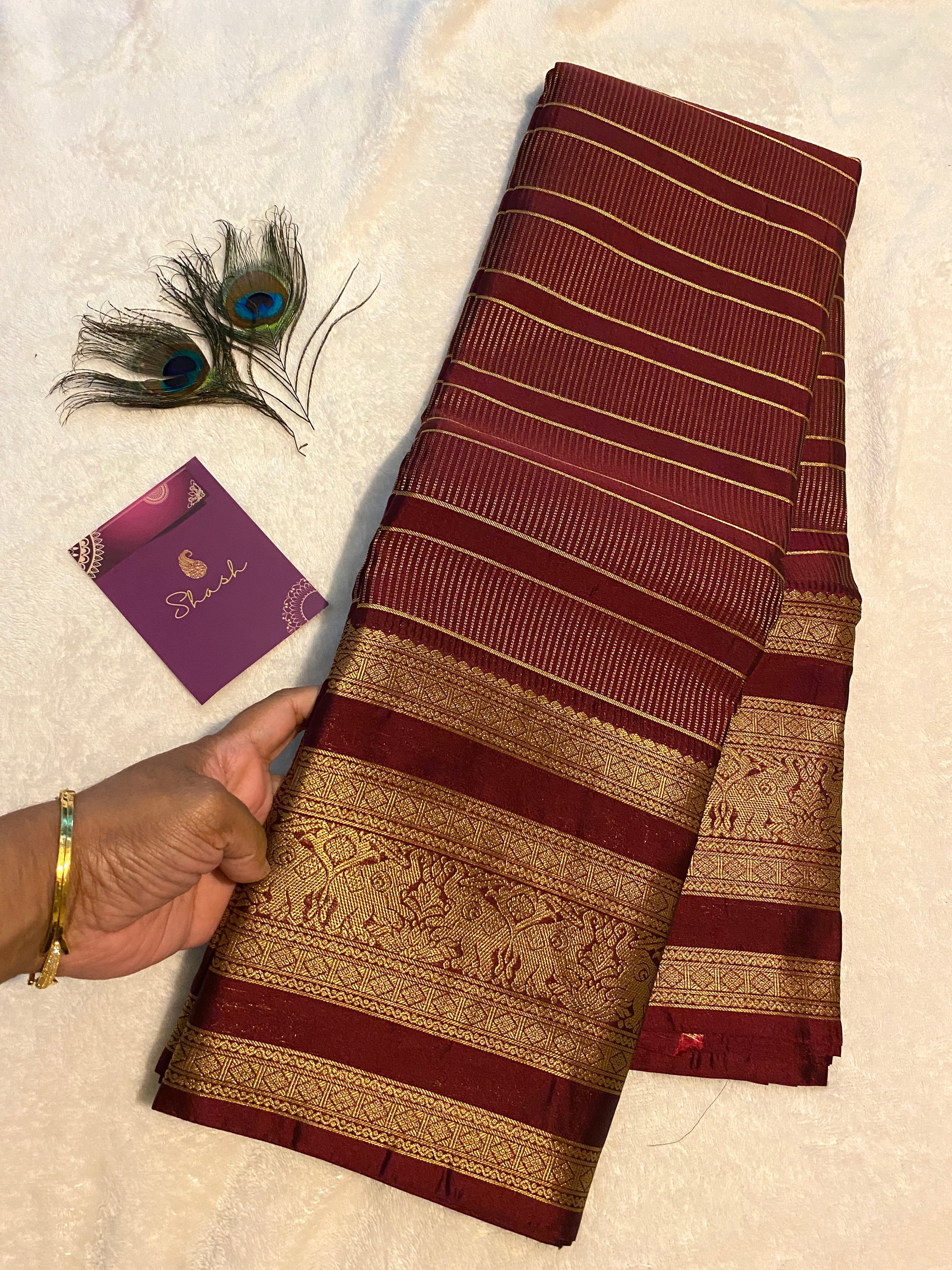 Maroon Semi-Kanchipuram Silk Saree with Gold Zari Stripes