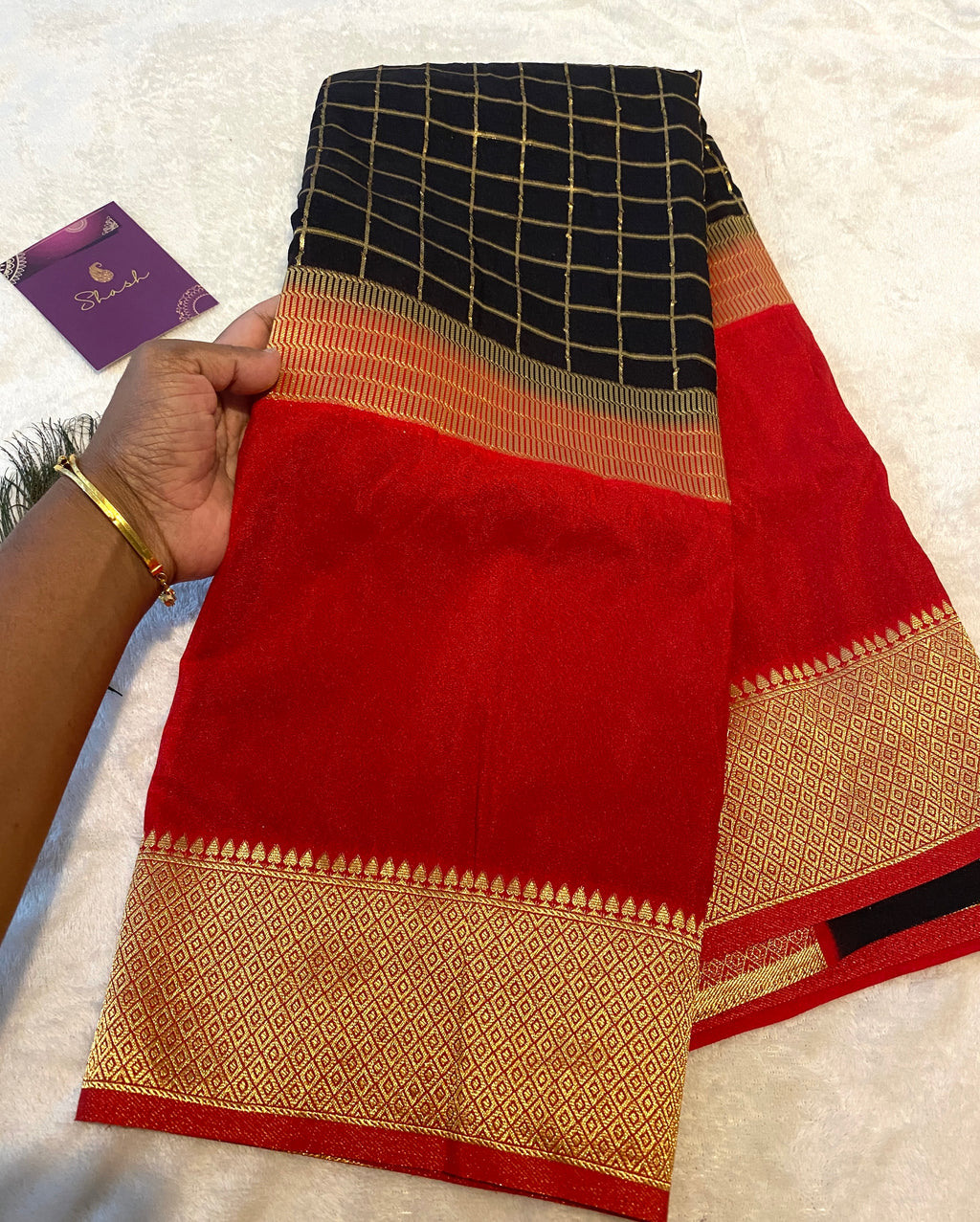 Georgette Saree in Black & Red with Gold Zari Checks