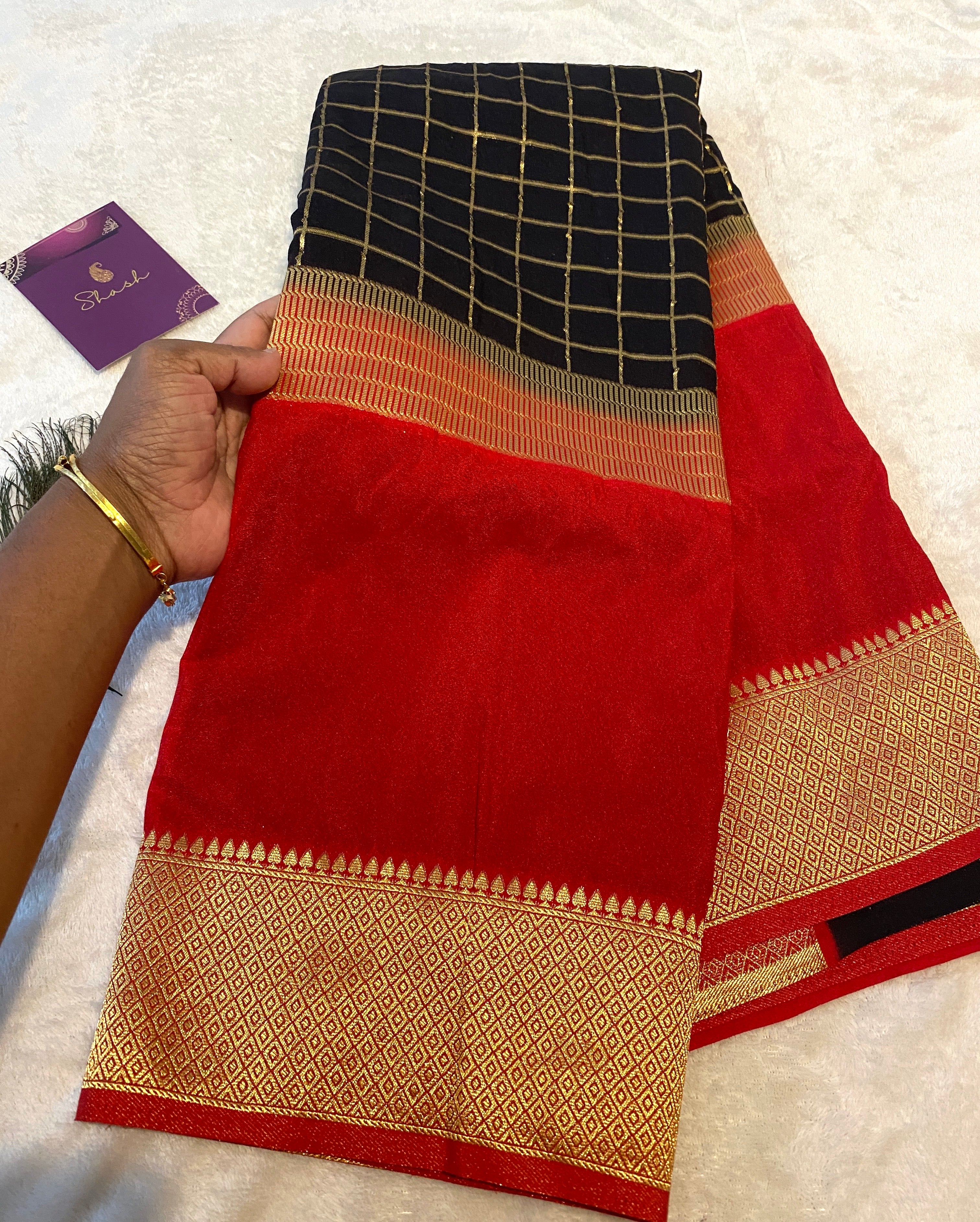 Georgette Saree in Black & Red with Gold Zari Checks