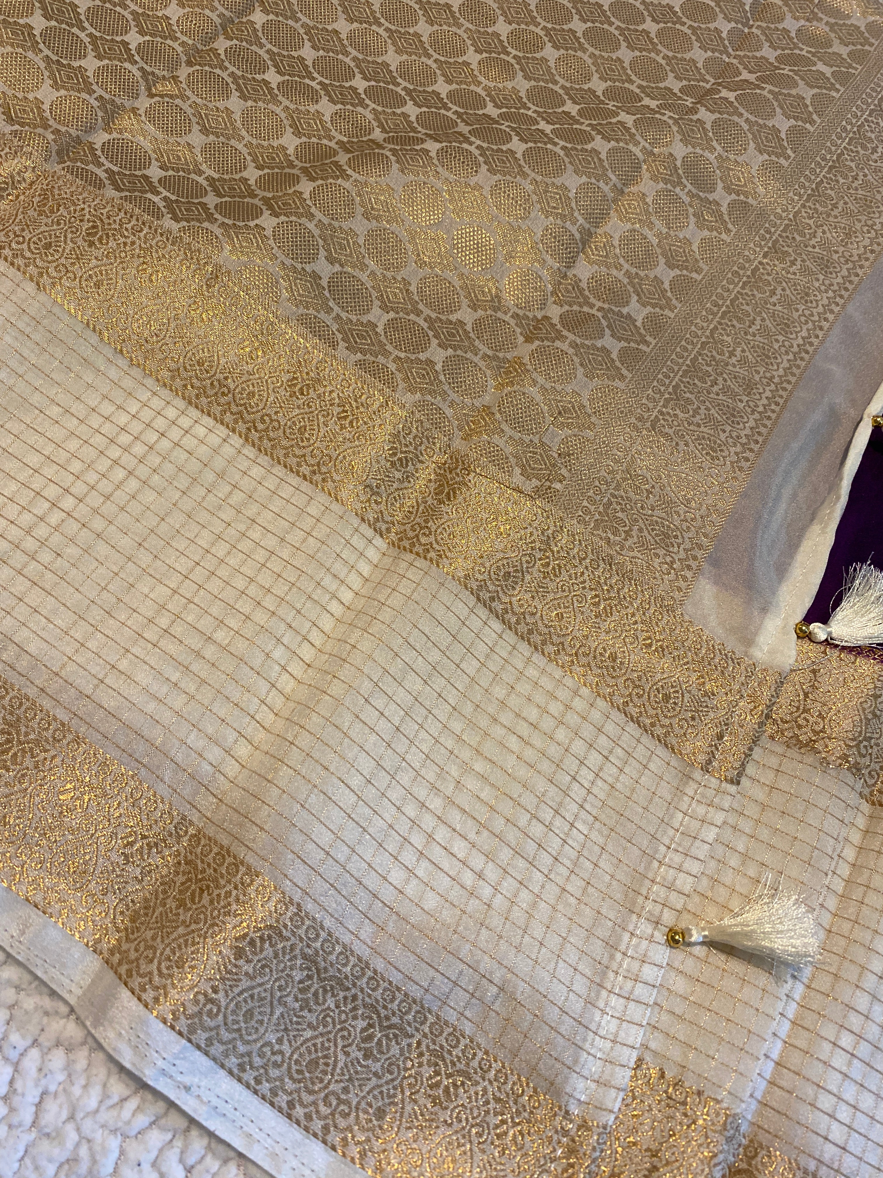 Elegant Purple & Off-White Semi Crepe Silk Saree