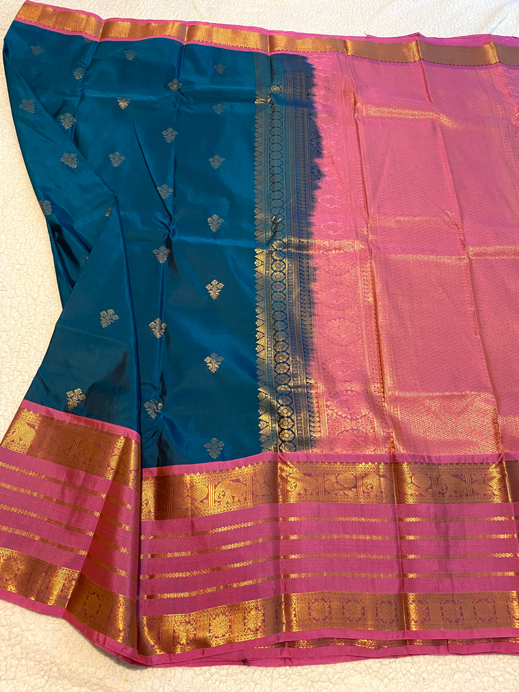 Premium Blue and Pink Semi-Kanchipuram Silk Saree with Gold Zari Border