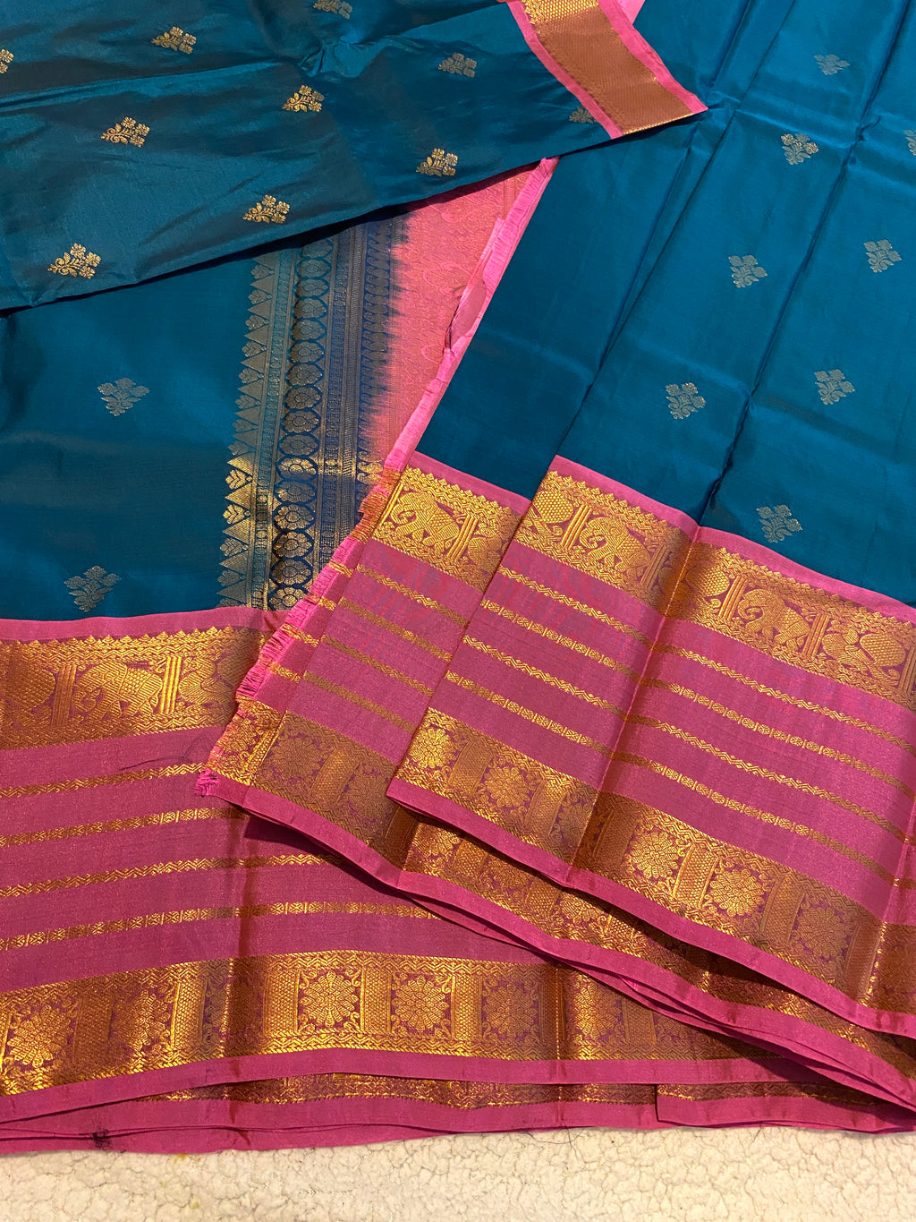 Premium Blue and Pink Semi-Kanchipuram Silk Saree with Gold Zari Border