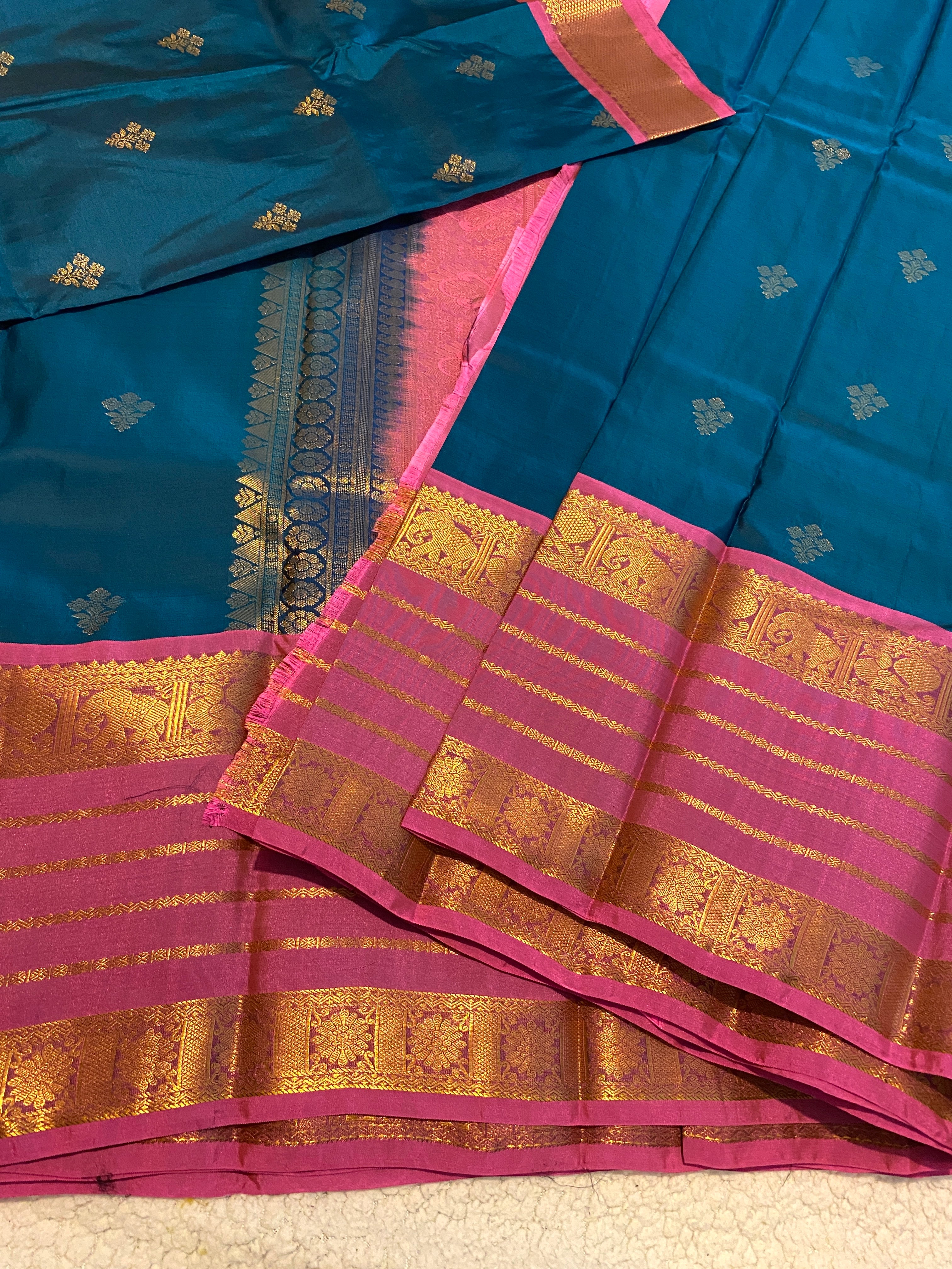 Premium Blue and Pink Semi-Kanchipuram Silk Saree with Gold Zari Border