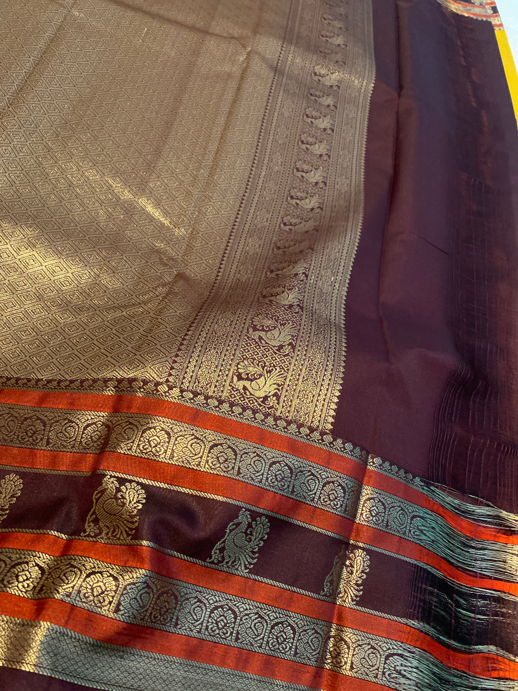 Golden Yellow & Deep Plum Semi-Kanchipuram Silk Saree with Peacock Zari Motifs