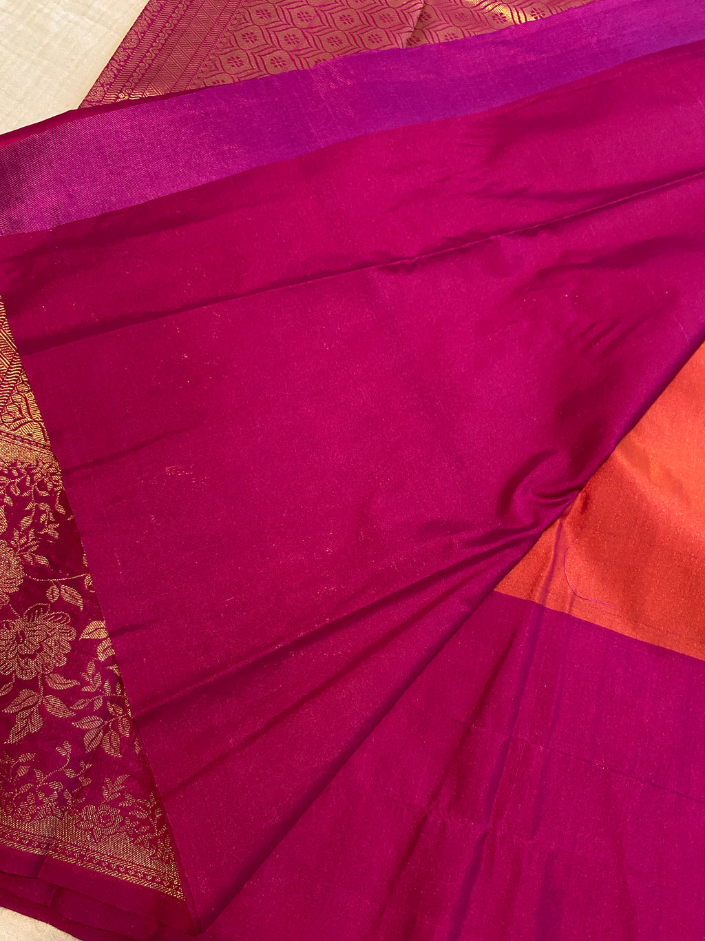 Premium Semi-Kanchipuram Silk Saree in Orange with Magenta Pink Floral Gold Zari Border & Pallu