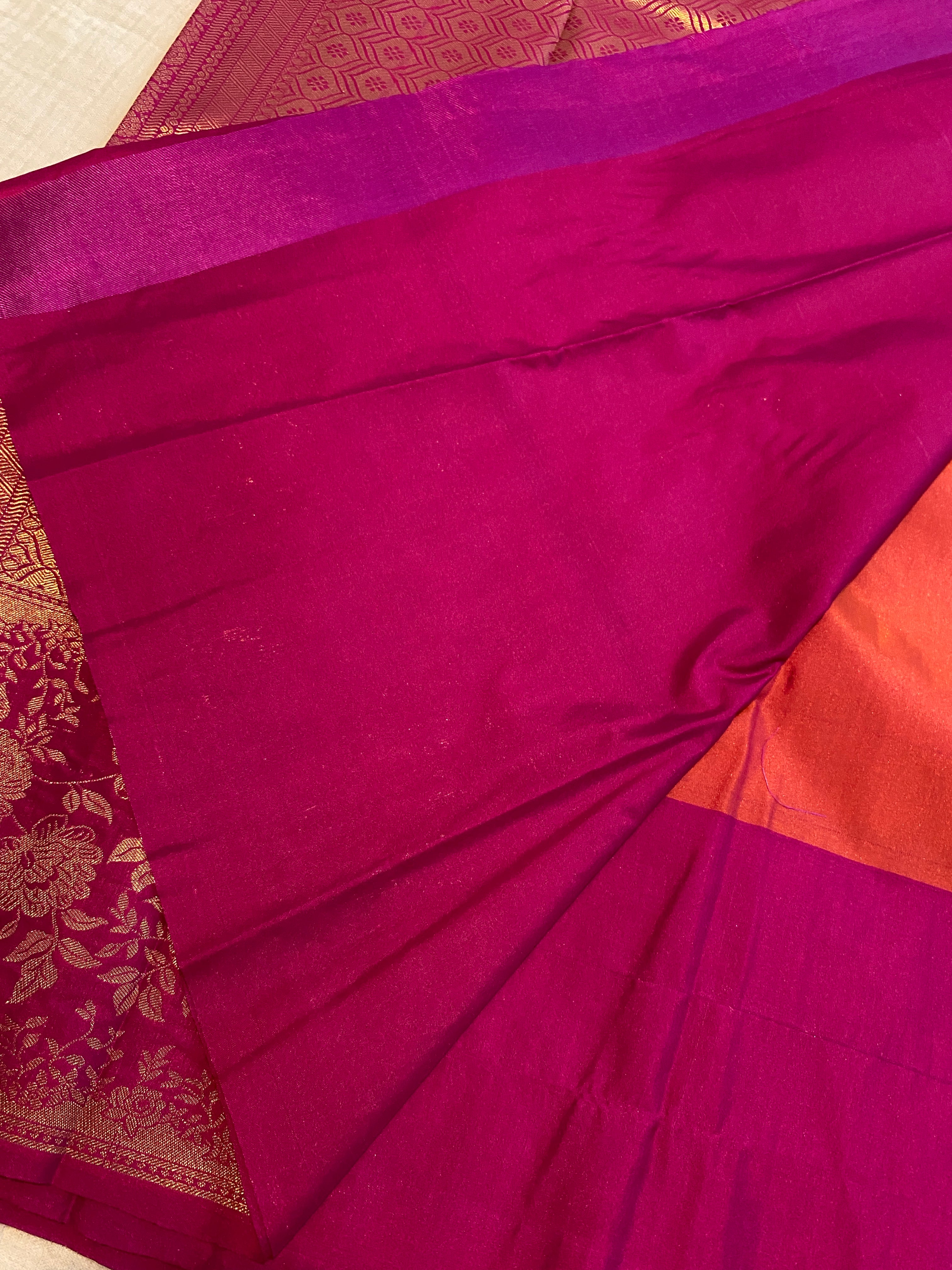 Premium Semi-Kanchipuram Silk Saree in Orange with Magenta Pink Floral Gold Zari Border & Pallu