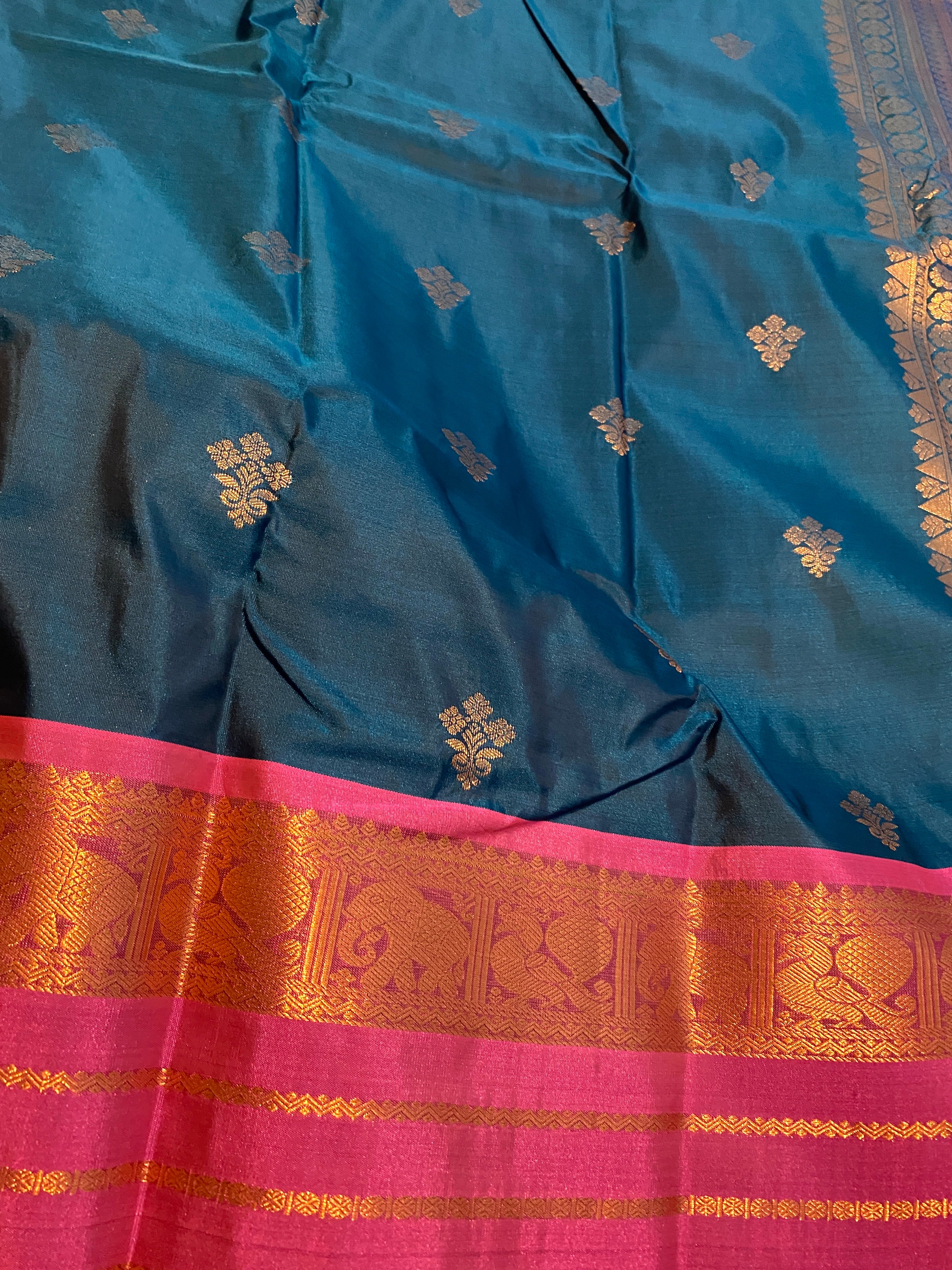 Premium Blue and Pink Semi-Kanchipuram Silk Saree with Gold Zari Border