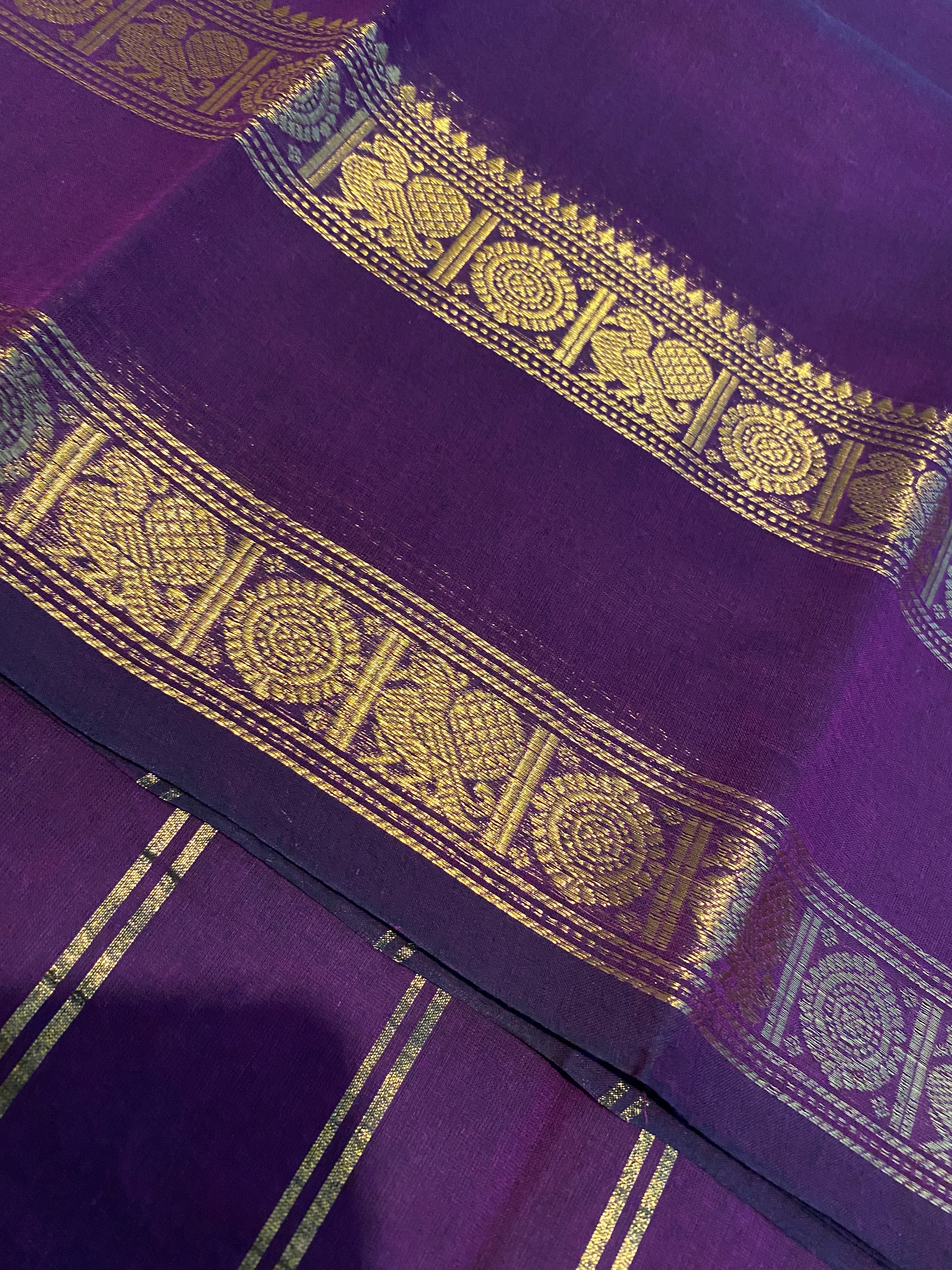 Deep Purple Pure Kanchi Cotton Saree with Traditional Gold Zari Border