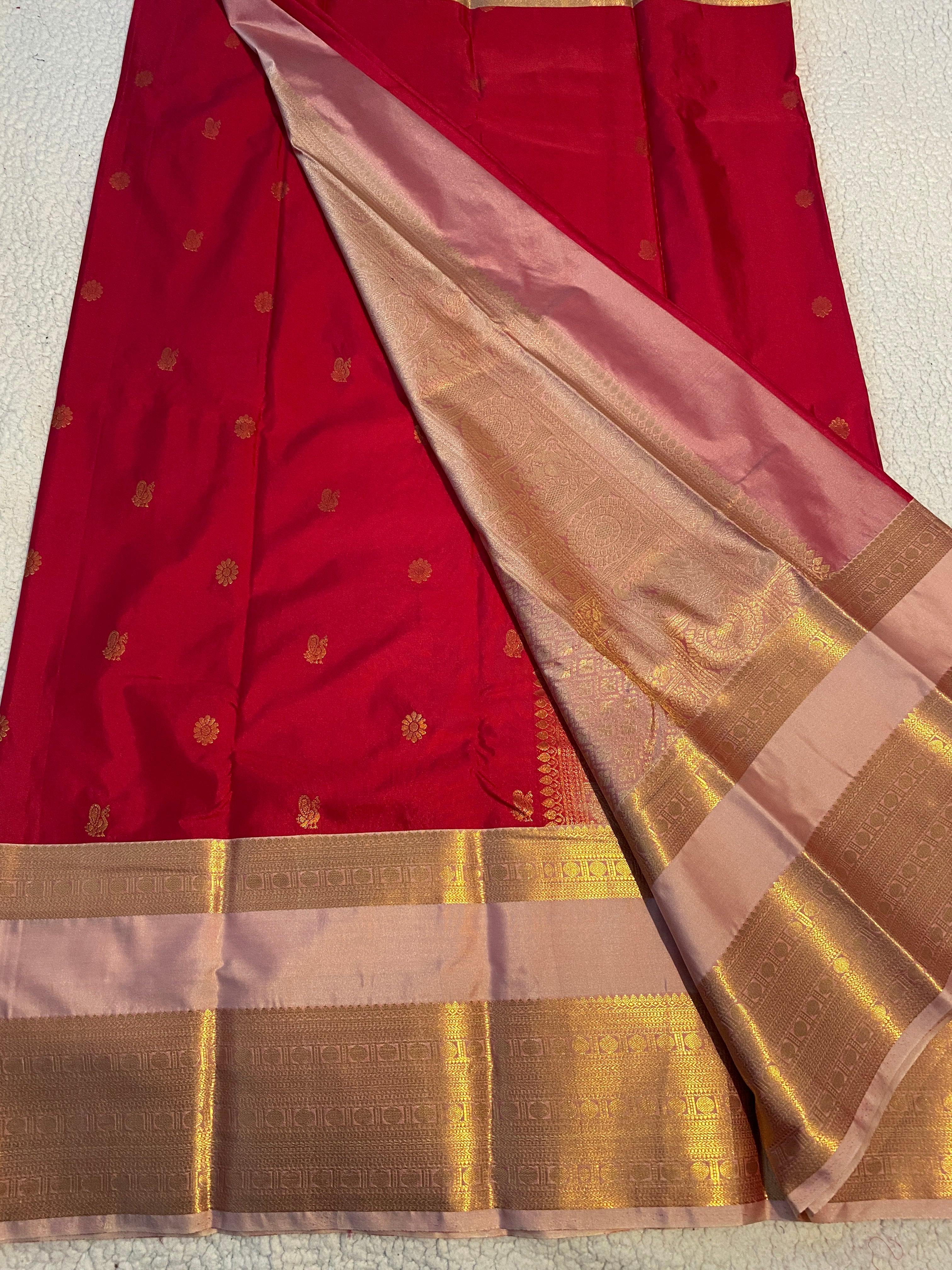 Deep Pink & Blush Pink Semi-Kanchipuram Silk Saree with Gold Zari Border