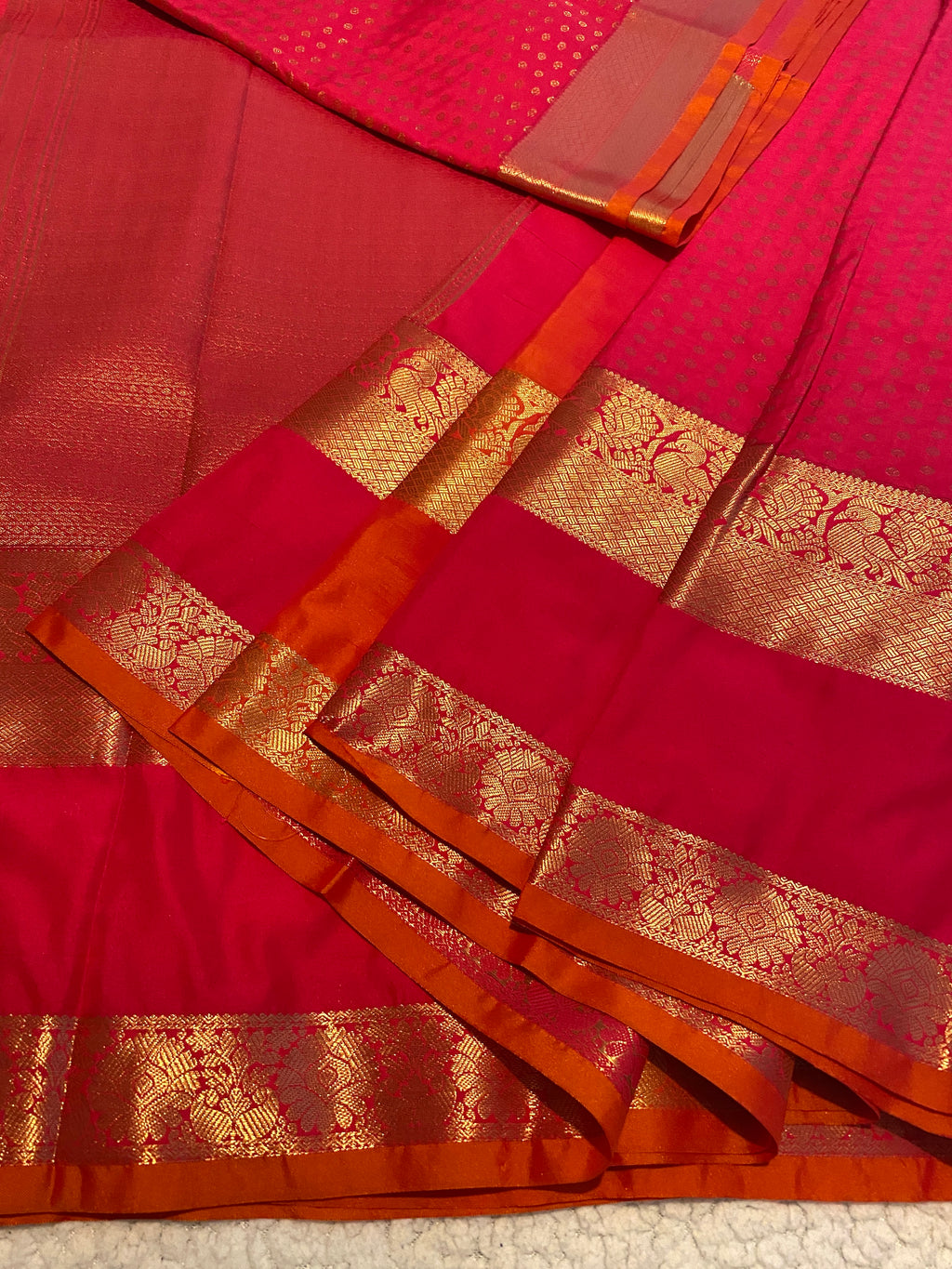 Premium Rani Pink Semi Kanchipuram Silk Saree with Gold Zari & Orange Piping Border