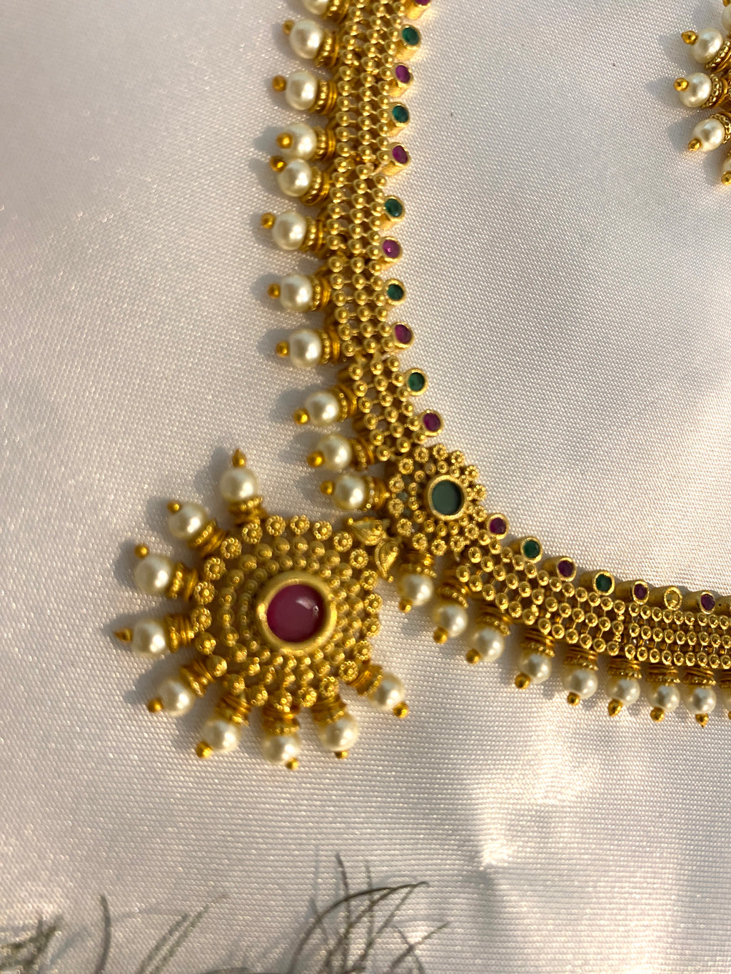 Traditional Antique Gold Necklace Set with Ruby, Green Stone & Pearl Drops
