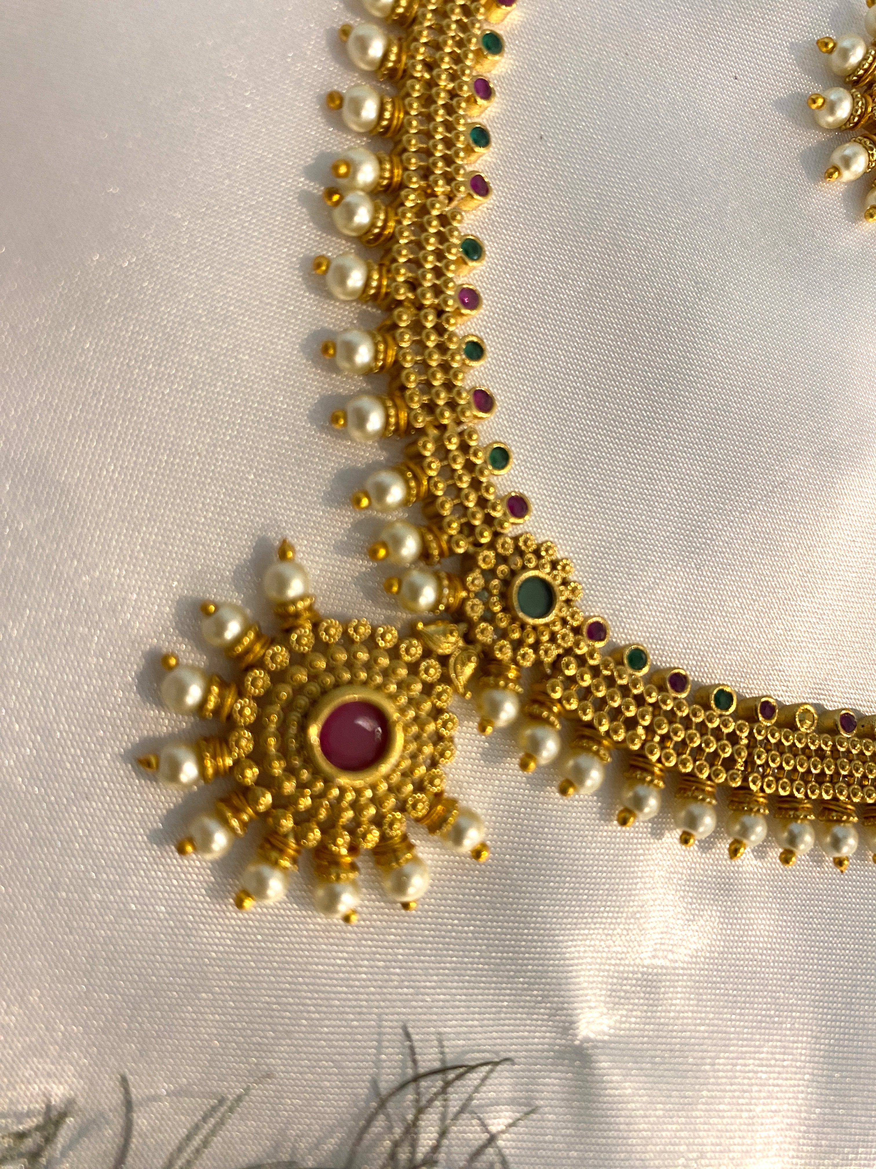 Traditional Antique Gold Necklace Set with Ruby, Green Stone & Pearl Drops