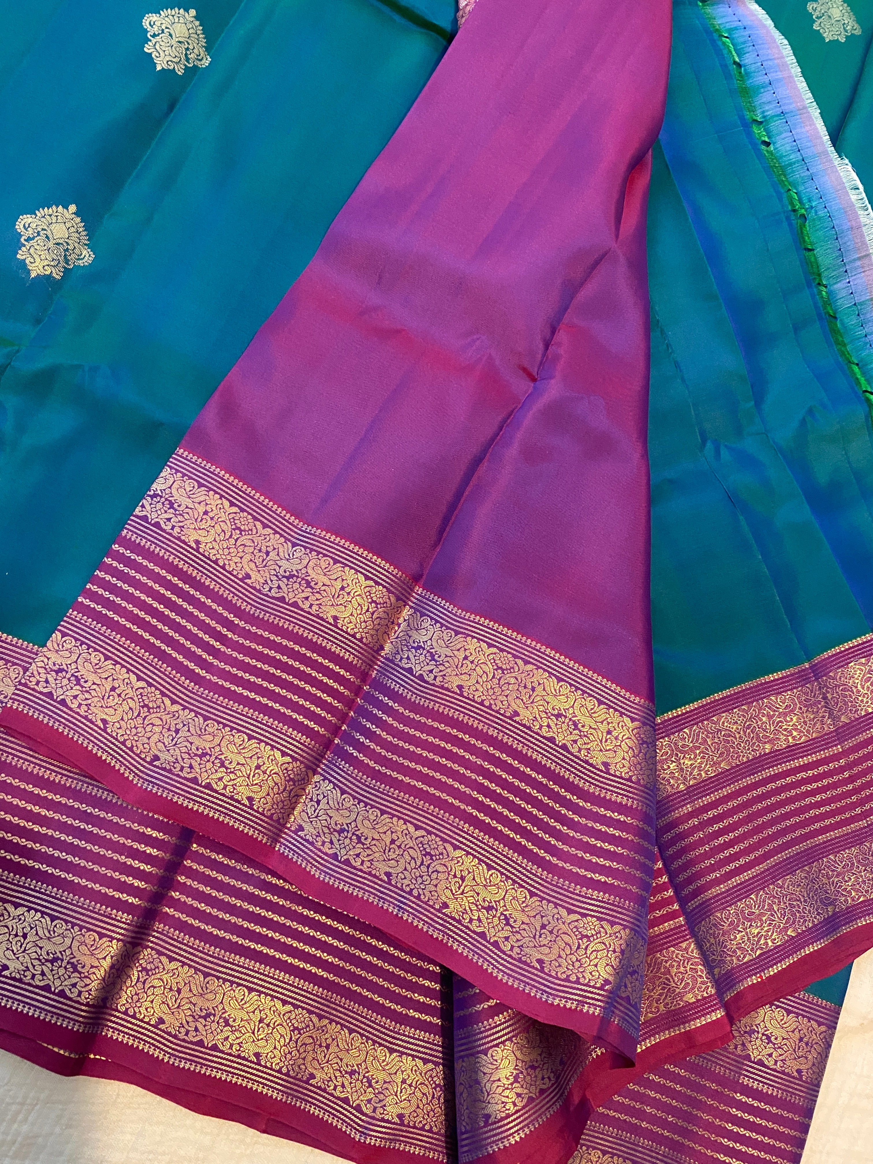 Pure Kanchipuram Silk Saree in Peacock Blue with Contrast Purple Zari Border | Silk Mark Certified