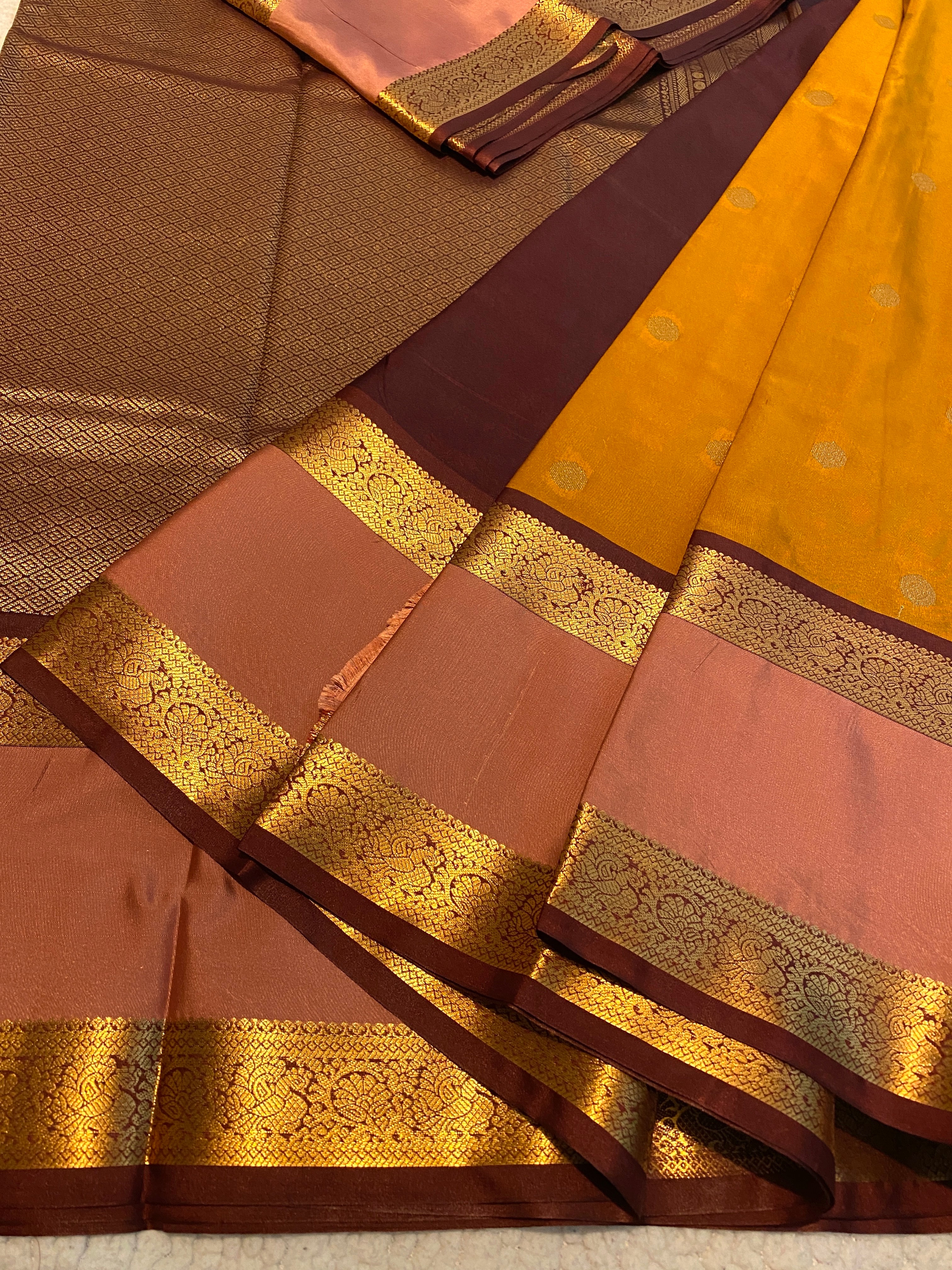 Mustard Gold & Dusty Rose Semi-Kanchipuram Silk Saree