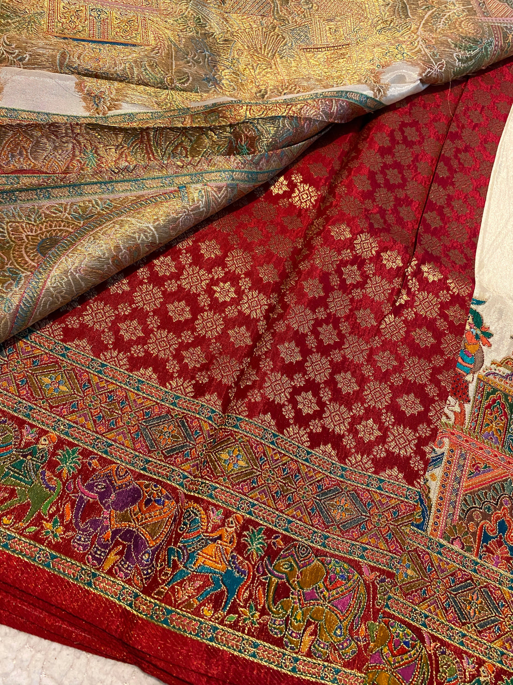 Ivory White Viscose Kalamkari Saree with Multicolour Heritage Border