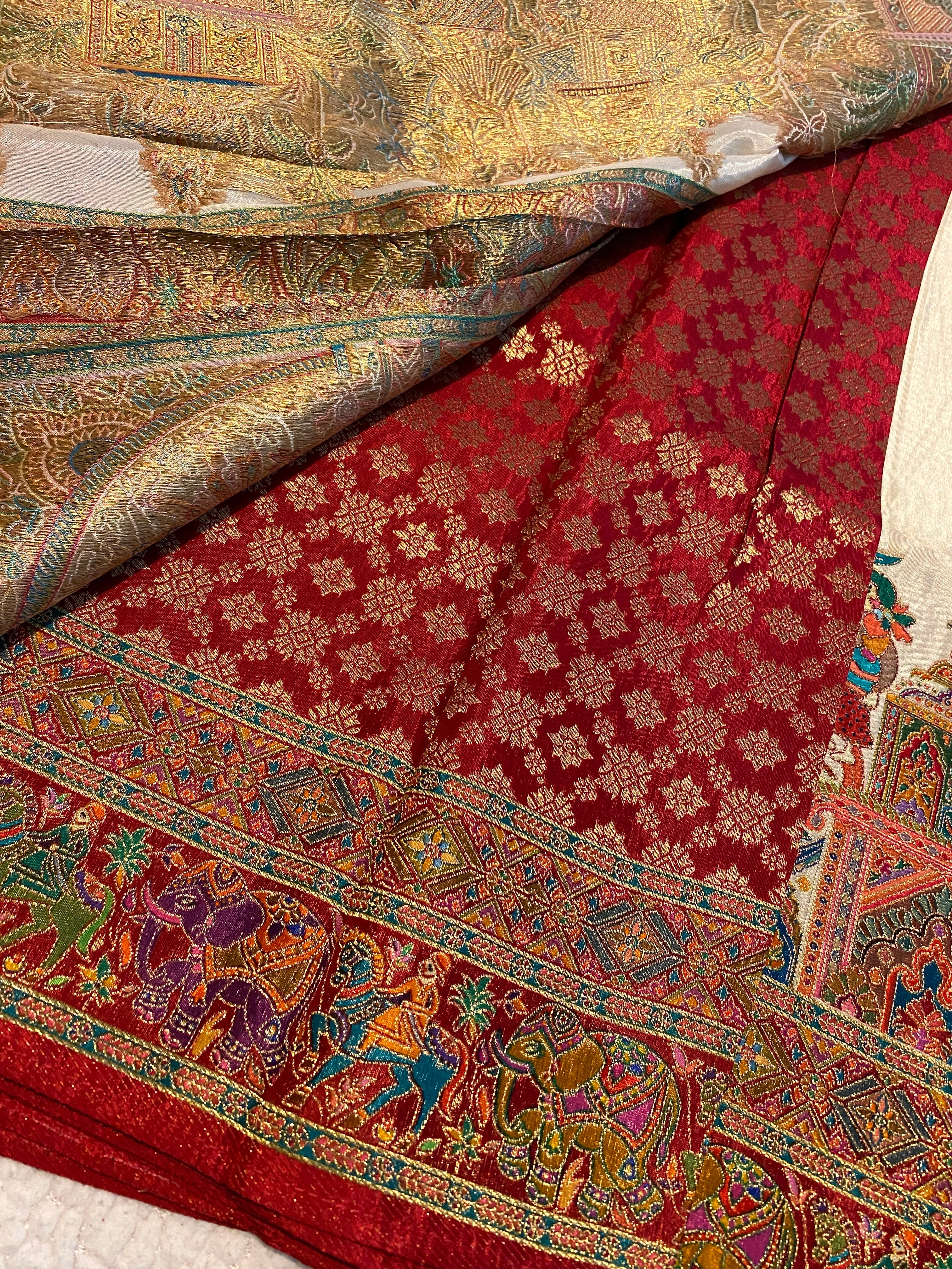Ivory White Viscose Kalamkari Saree with Multicolour Heritage Border