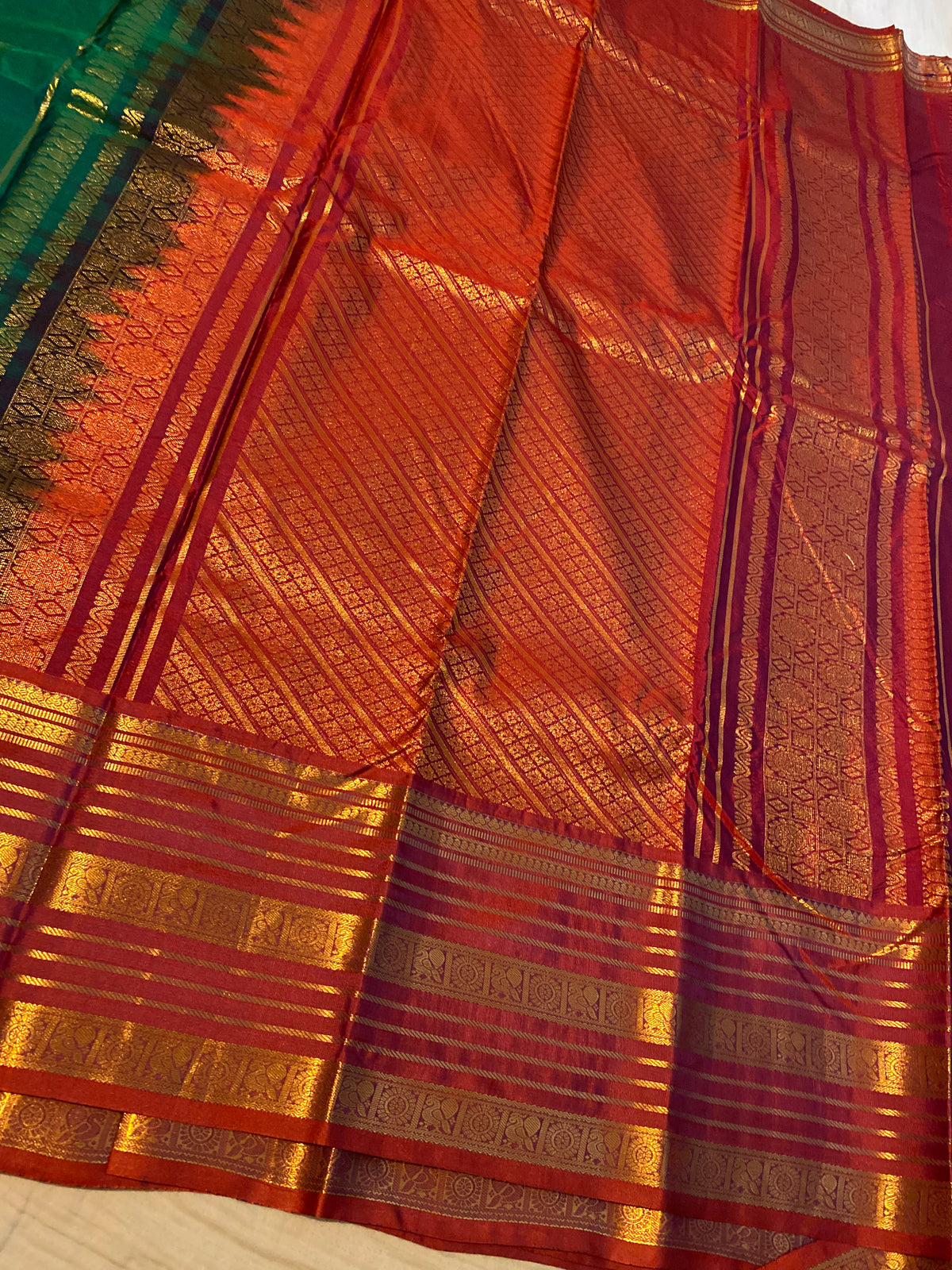 Premium Green & Rust Orange Semi-Kanchipuram Silk Saree with Gold Zari