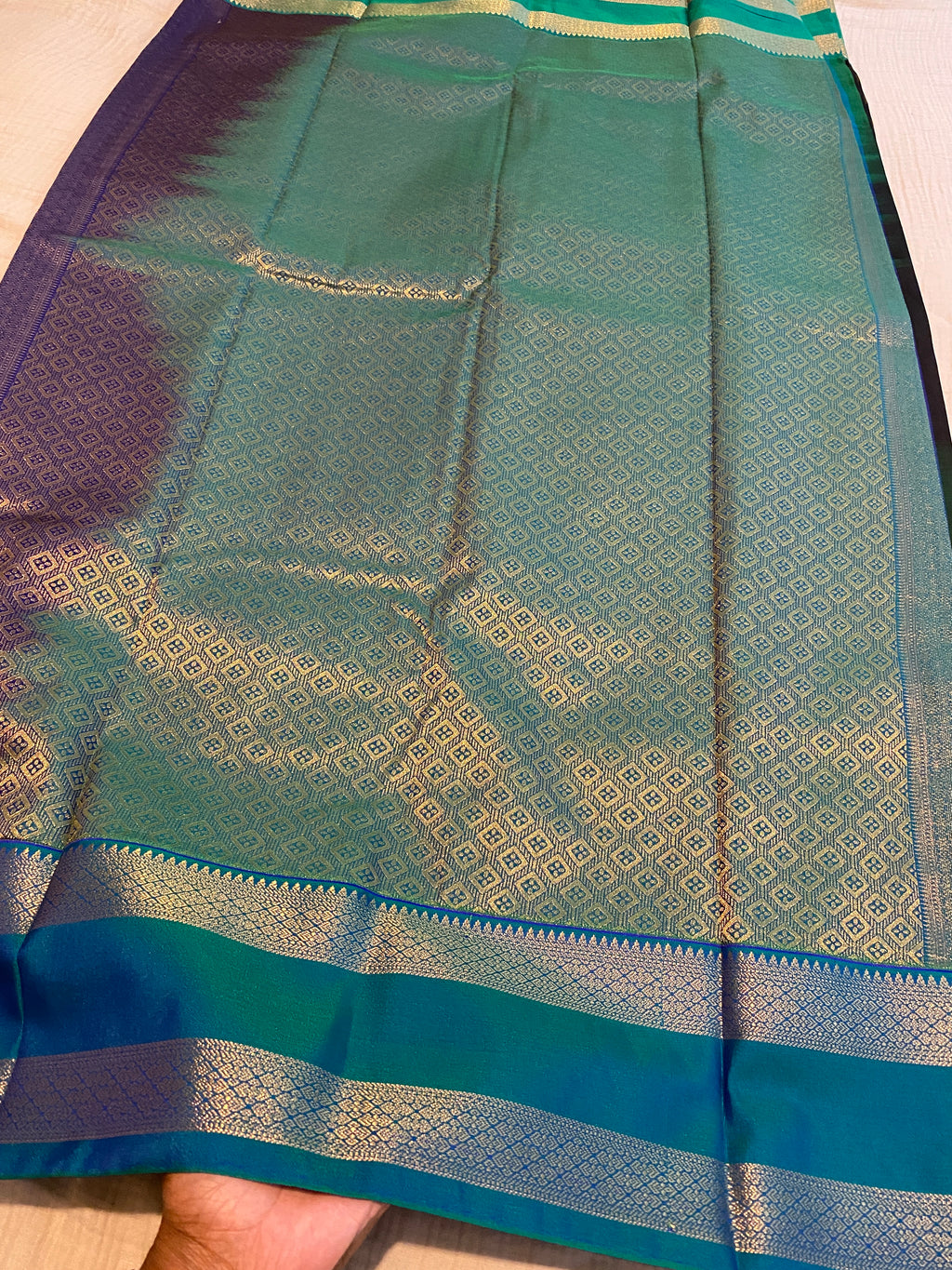 Black Premium Semi-Kanchipuram Silk Saree with Peacock Blue Zari Border & Gold Zari Motifs