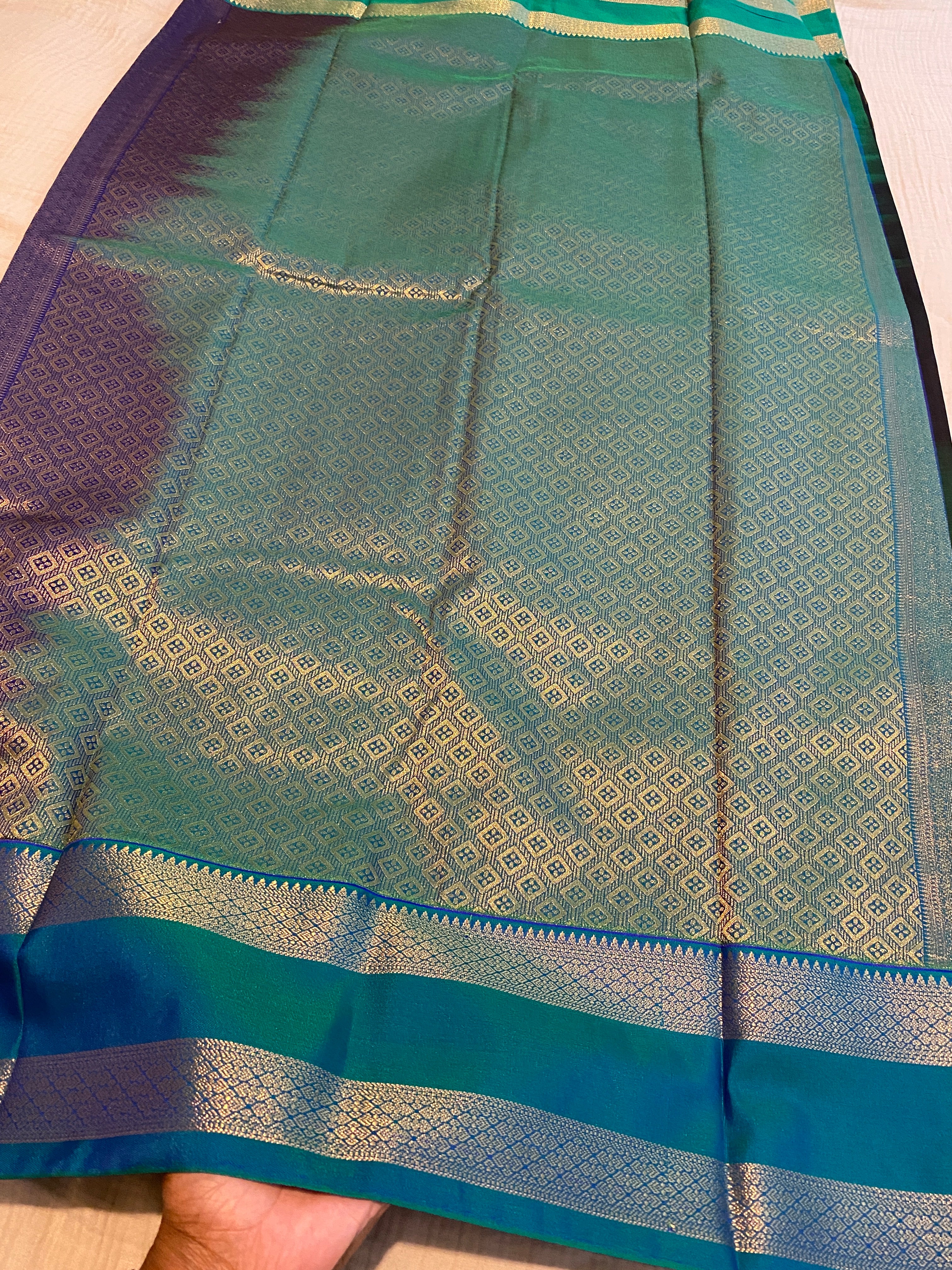 Black Premium Semi-Kanchipuram Silk Saree with Peacock Blue Zari Border & Gold Zari Motifs