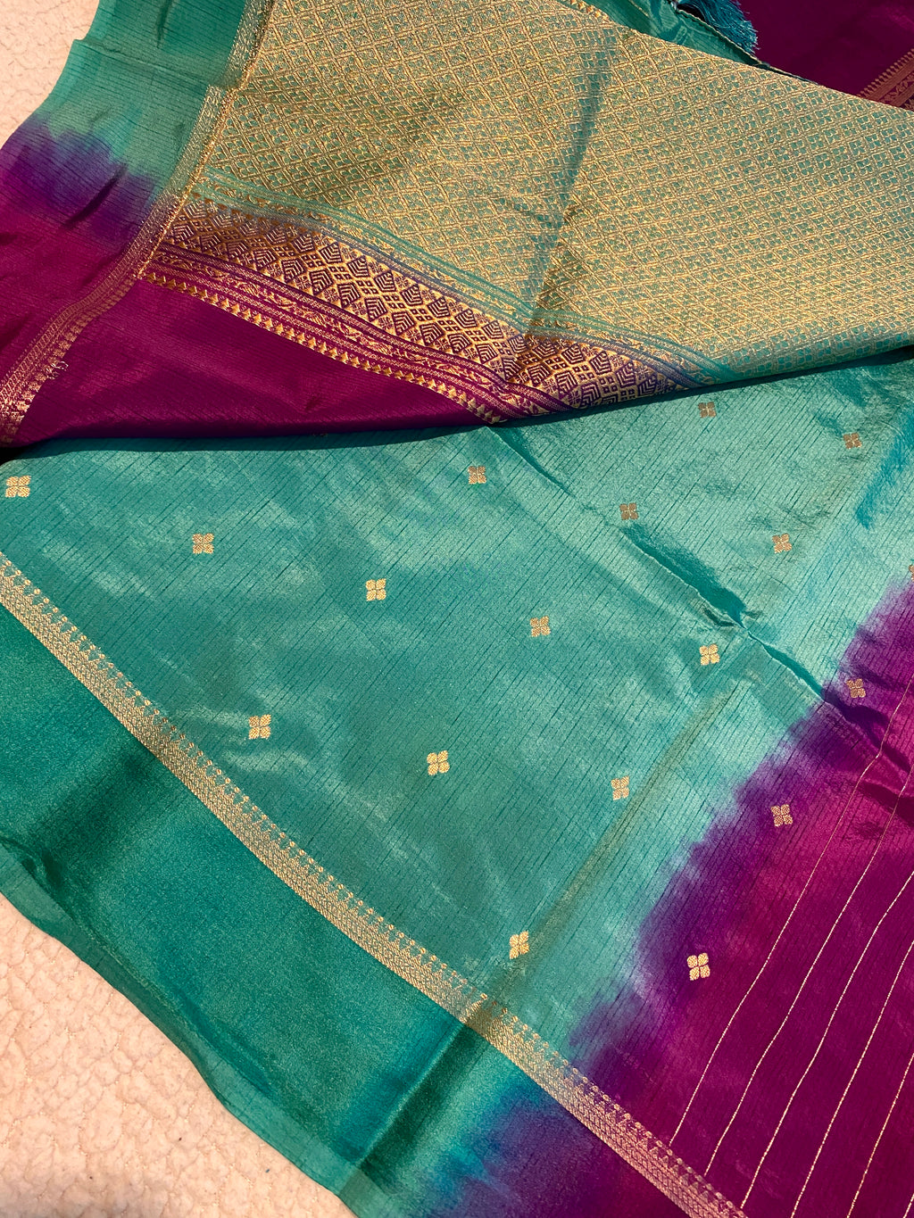 Royal Purple Semi-Soft Silk Saree with Teal Green Blouse & Pallu