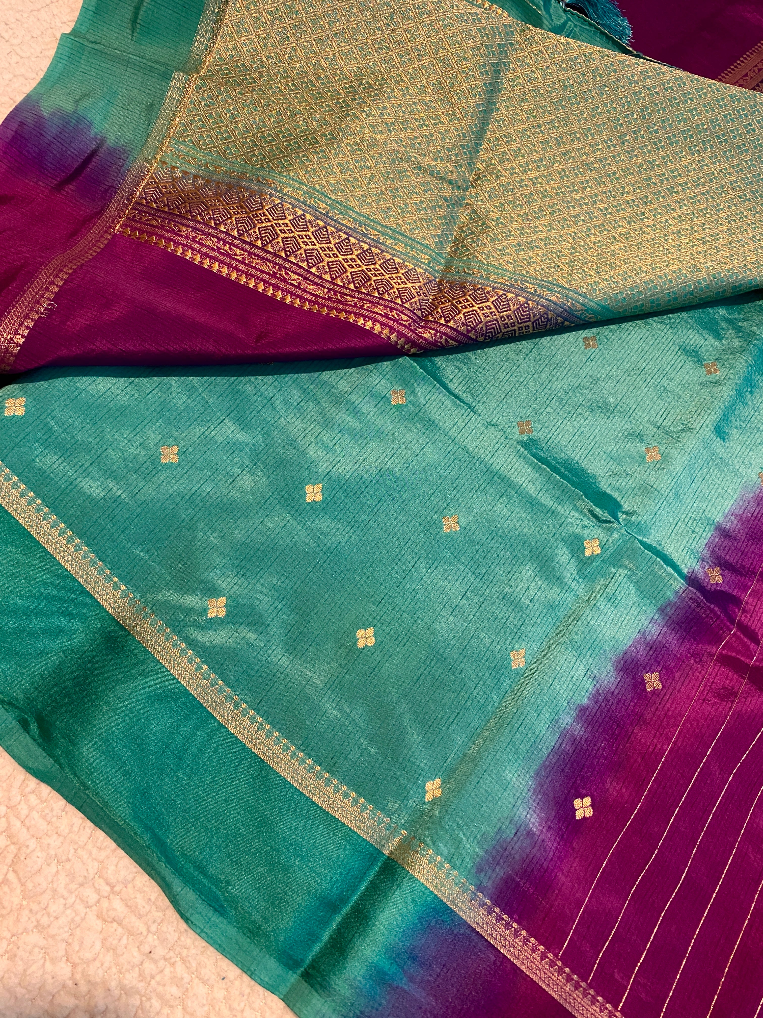 Royal Purple Semi-Soft Silk Saree with Teal Green Blouse & Pallu