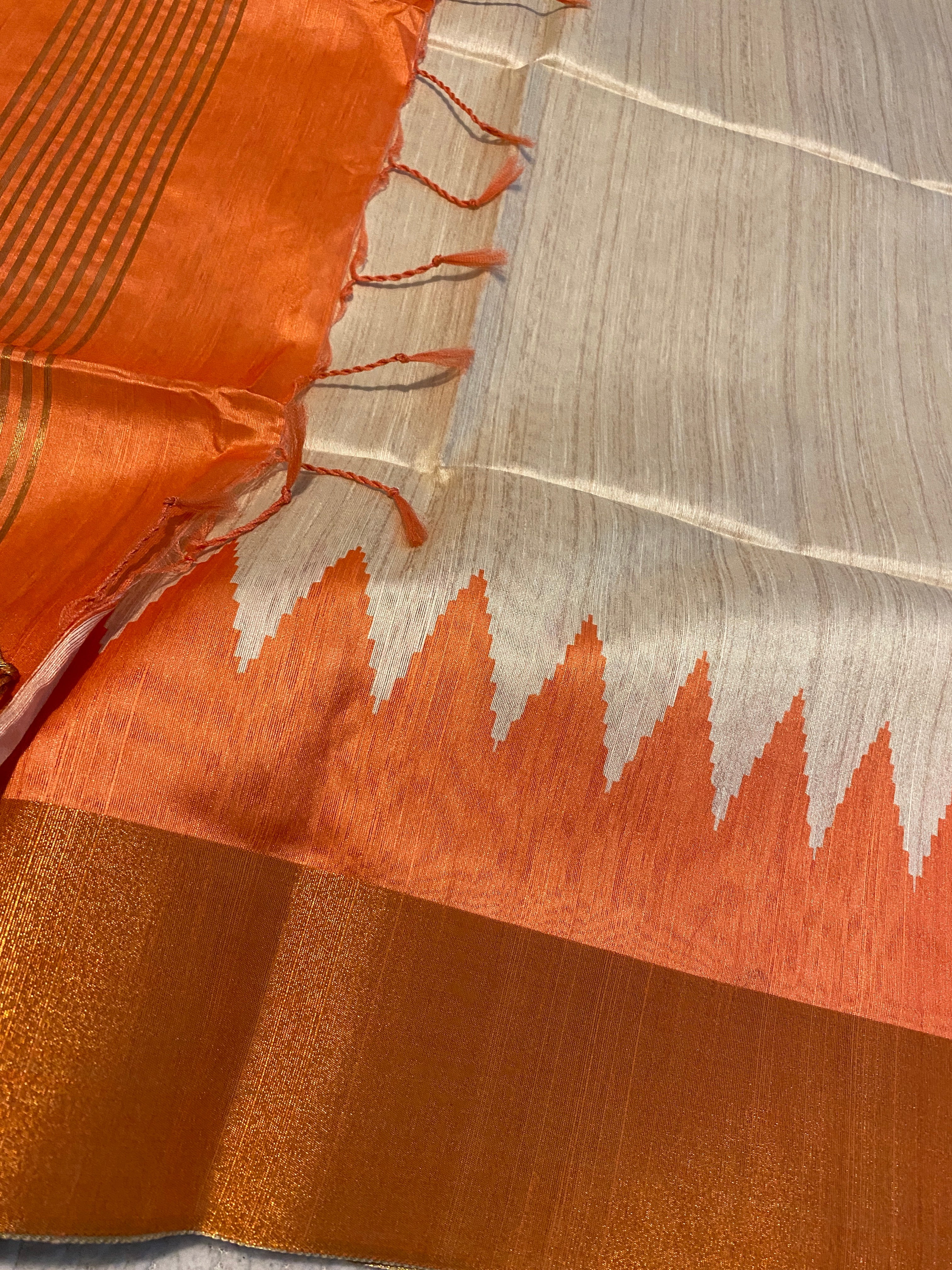 Cream Semi-Jute Tussar Saree with Ganga Jamuna Temple Border