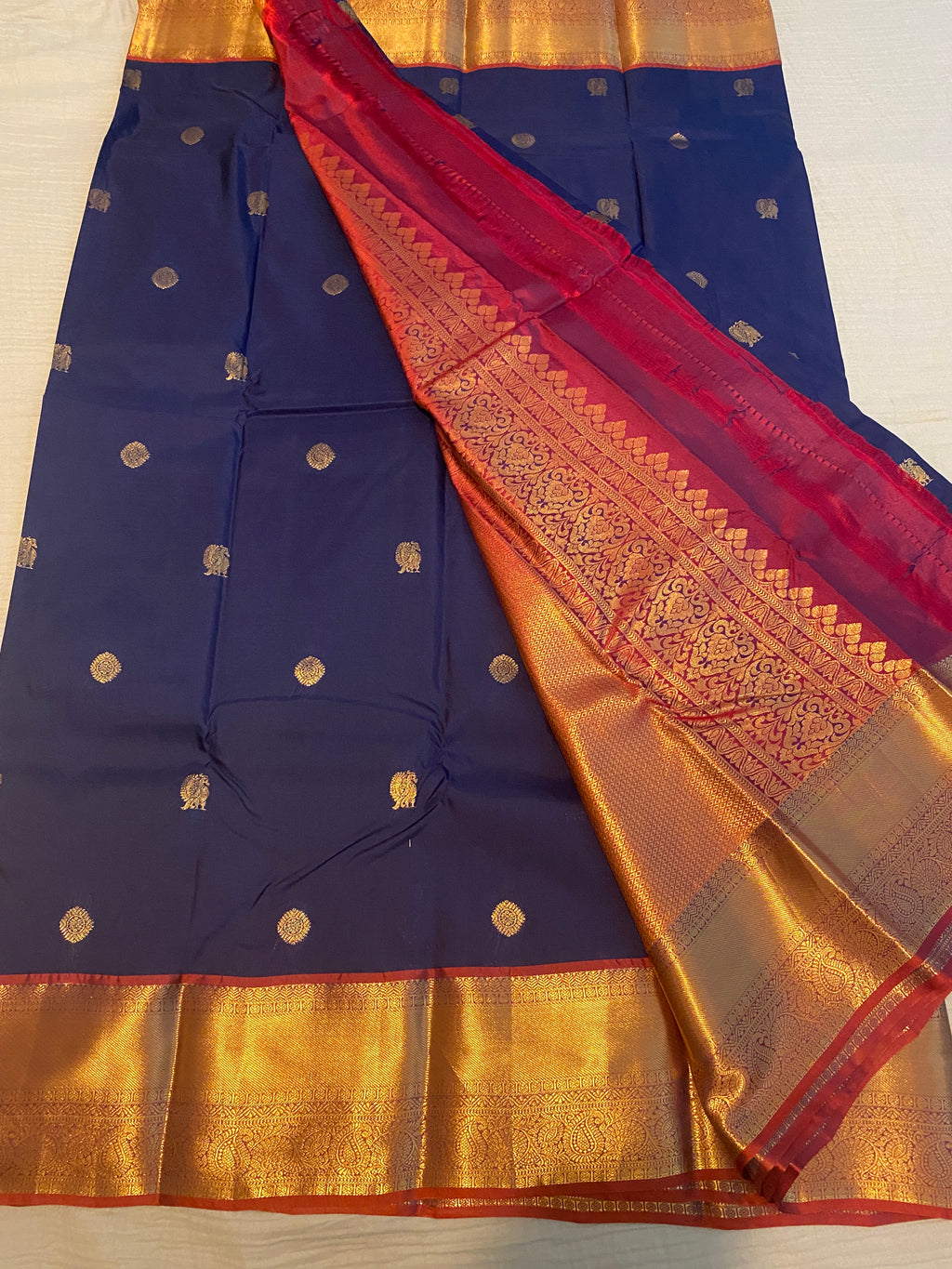 Royal Blue Semi-Kanchipuram Silk Saree with Maroon Pallu & Antique Gold Zari Border