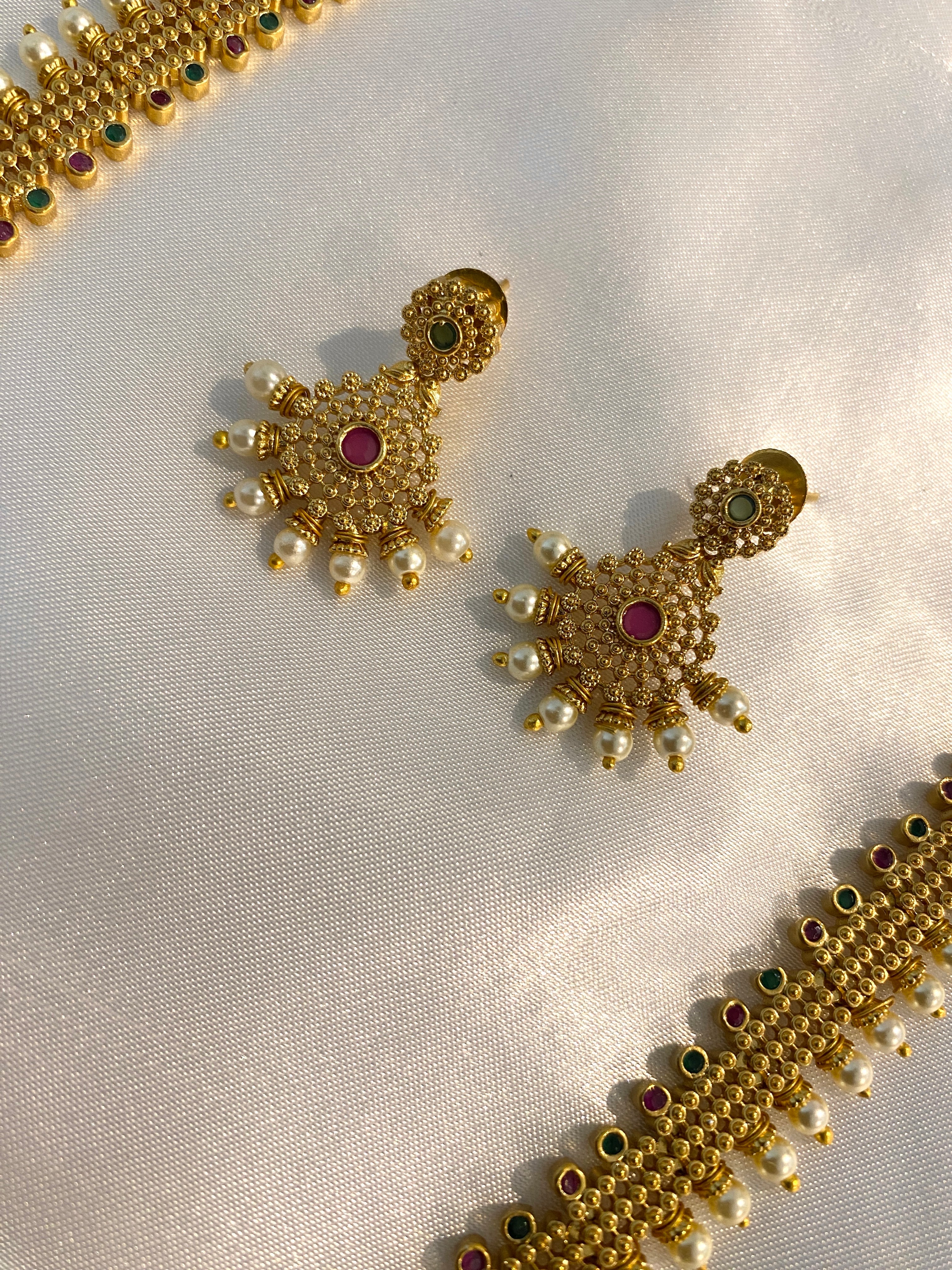 Traditional Temple Haram Necklace Set with Pearl Drops
