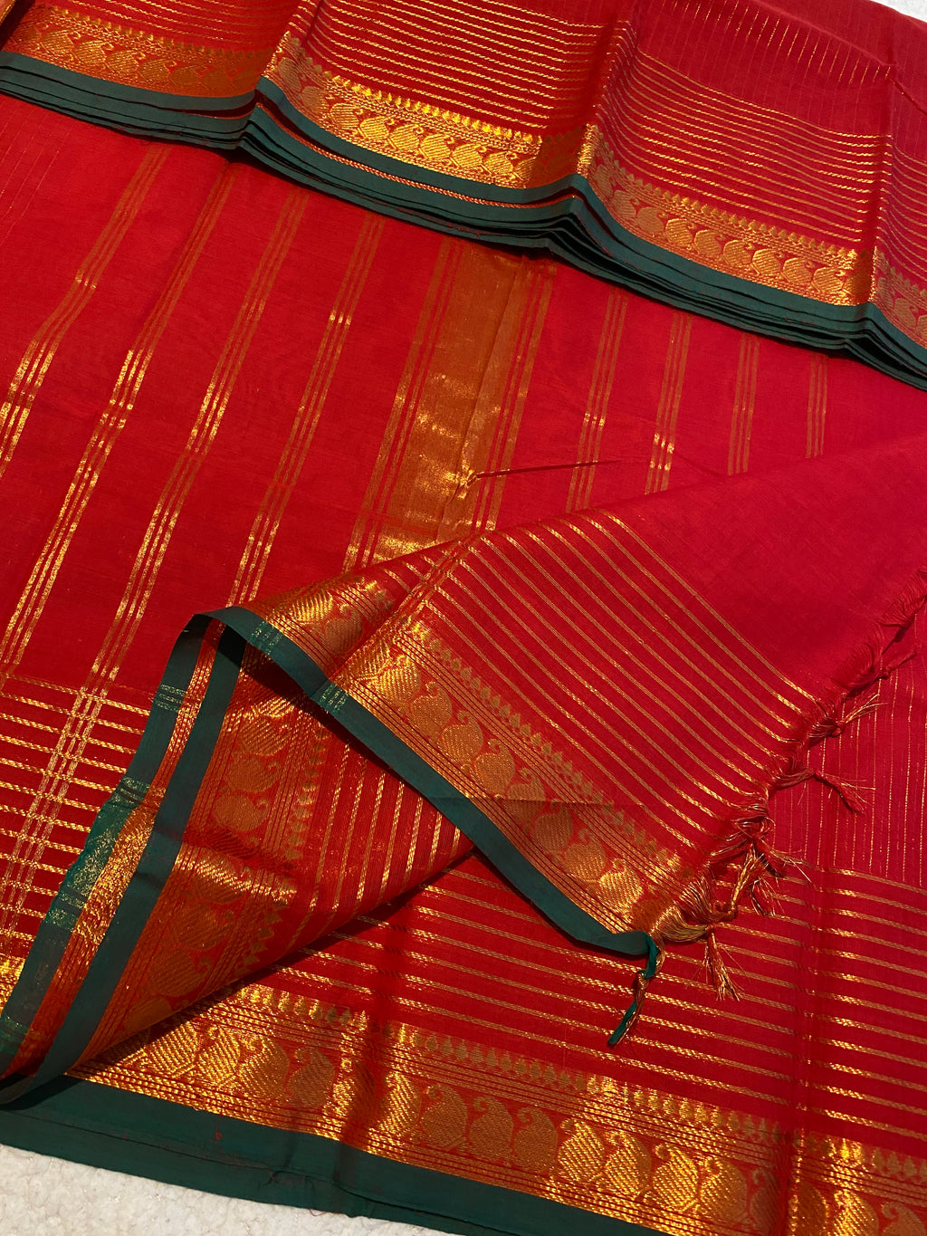 Chilli Red Vaira Oosi Kanchi Cotton Saree | Small Contrast Border