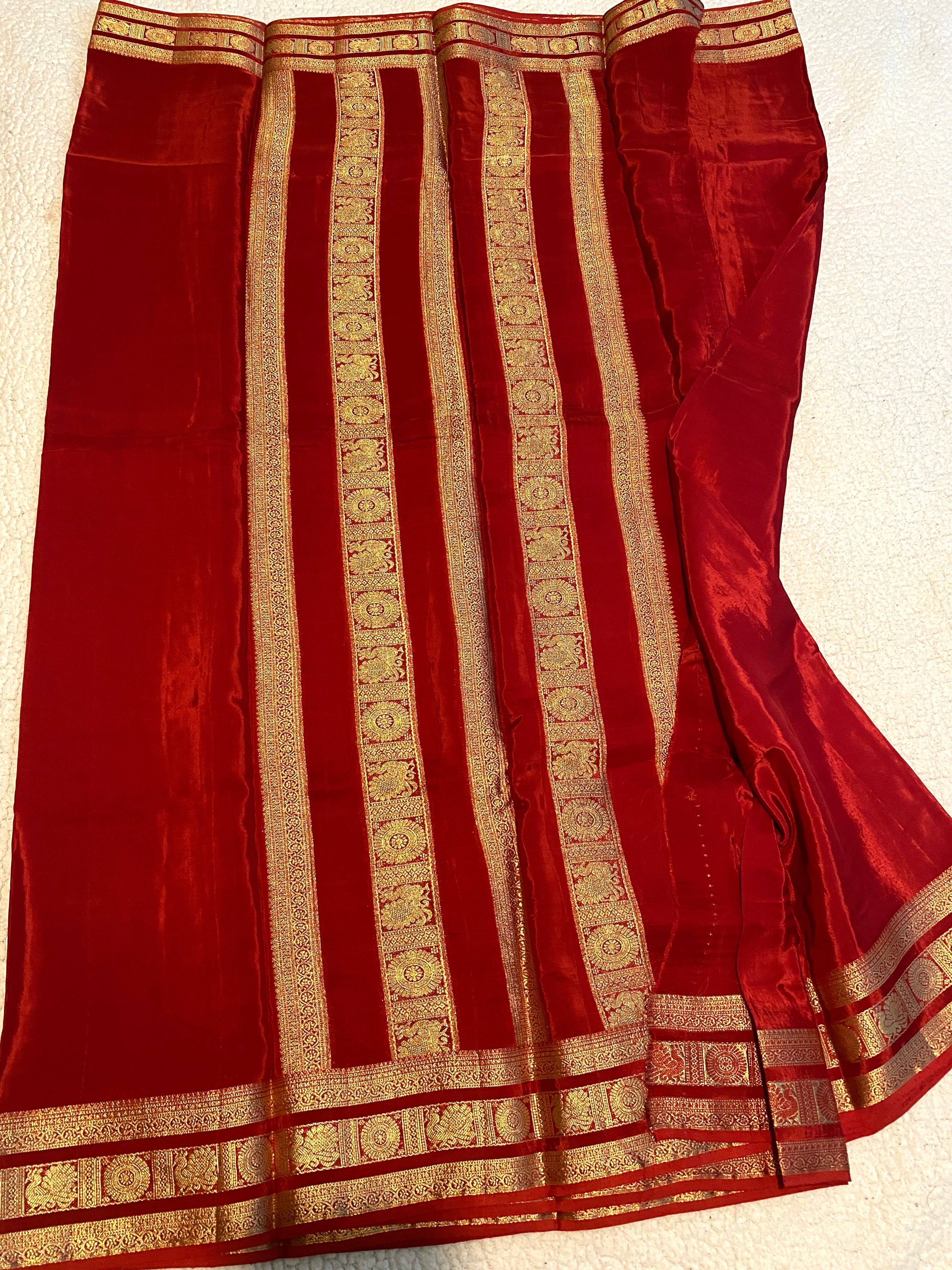 Red Satin Crepe Saree with Traditional Gold Zari Border