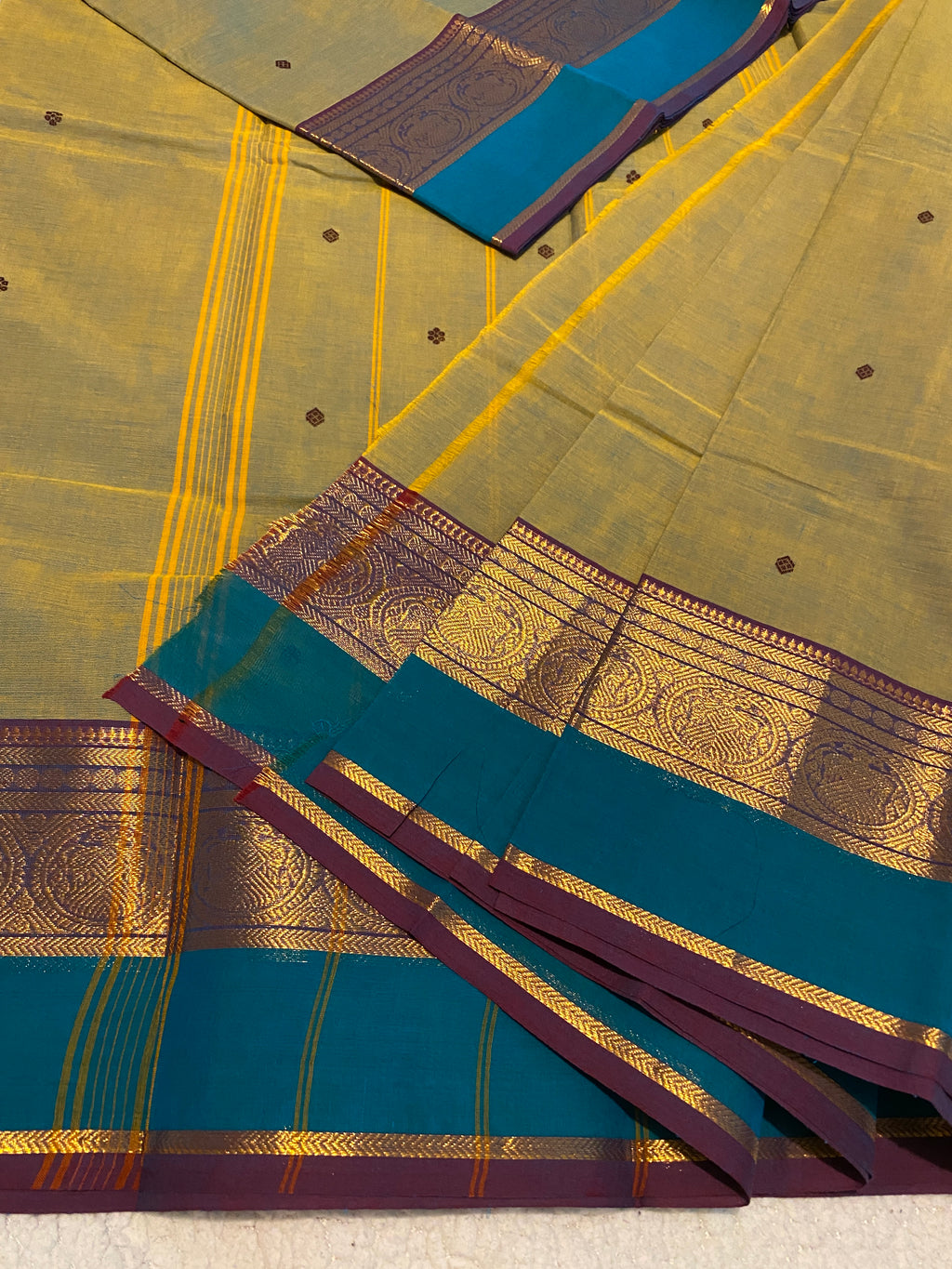 Pure Kanchi Cotton Saree | Olive Green with Contrast Blue Border