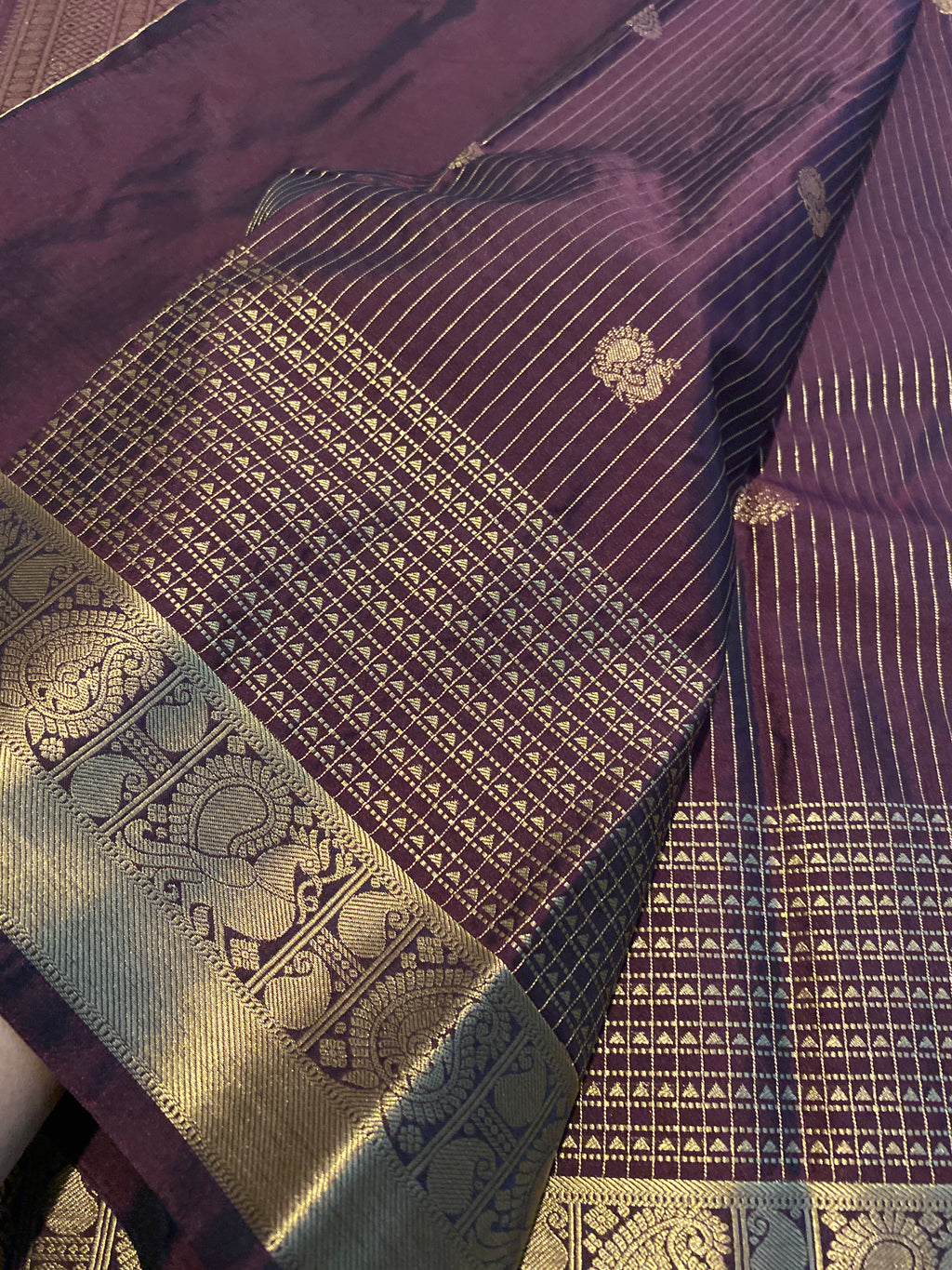 Coffee Maroon & Antique Gold Semi-Kanchipuram Silk Saree with Peacock Border