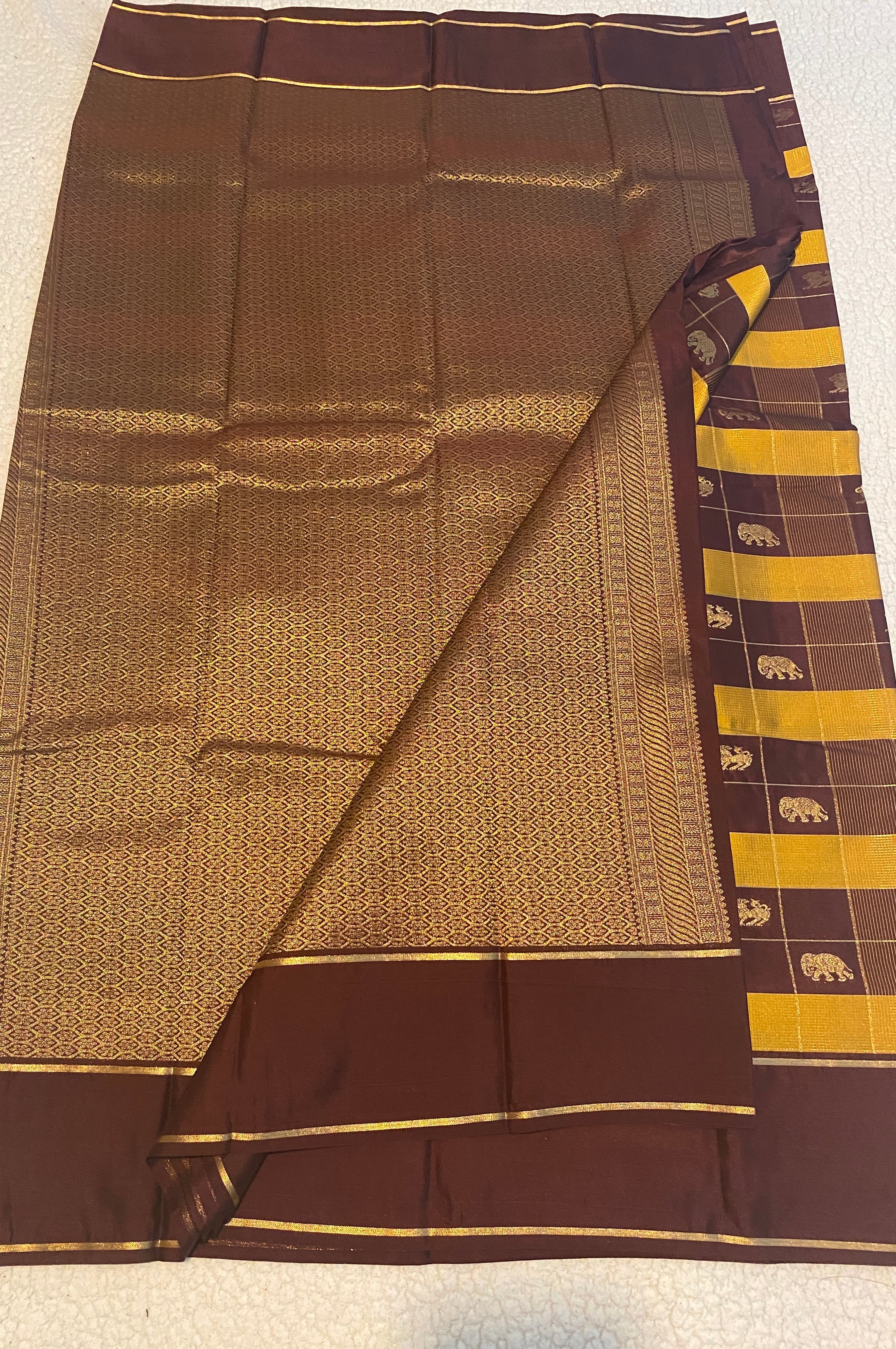 Dark Chocolate Brown Semi-Kanchipuram Silk Saree with Traditional Woven Motifs & Gold Zari Pallu