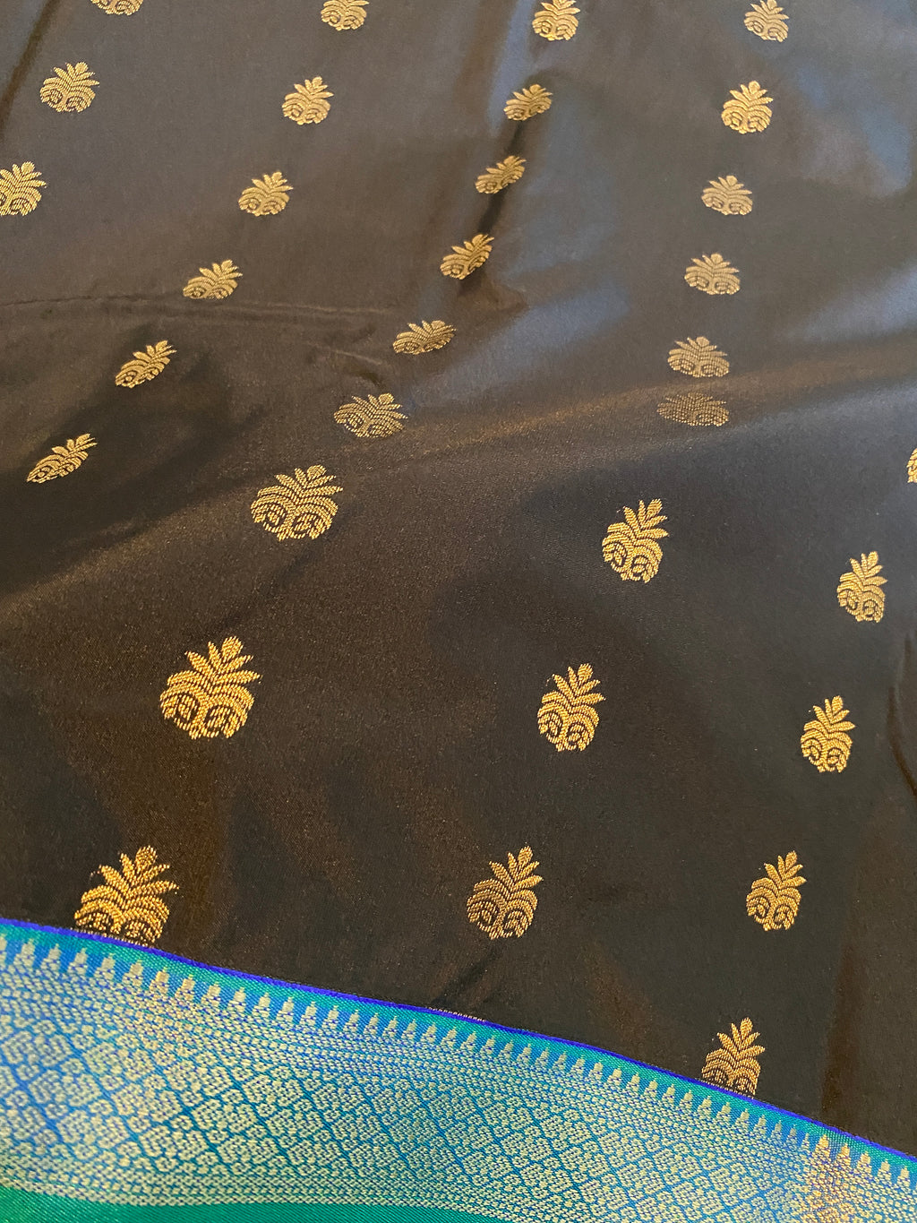 Black Premium Semi-Kanchipuram Silk Saree with Peacock Blue Zari Border & Gold Zari Motifs