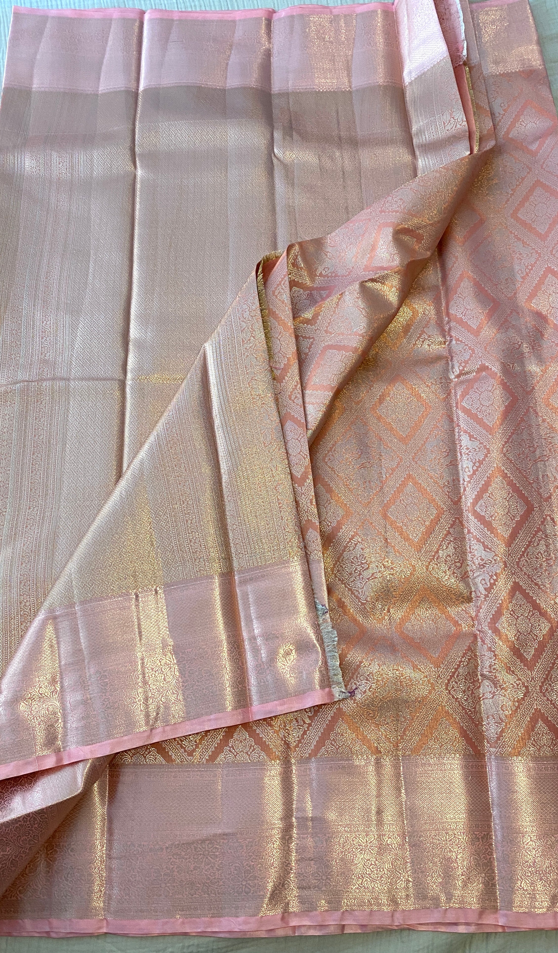Premium Blush Pink Semi-Kanchipuram Silk Saree with Elegant Woven Motifs