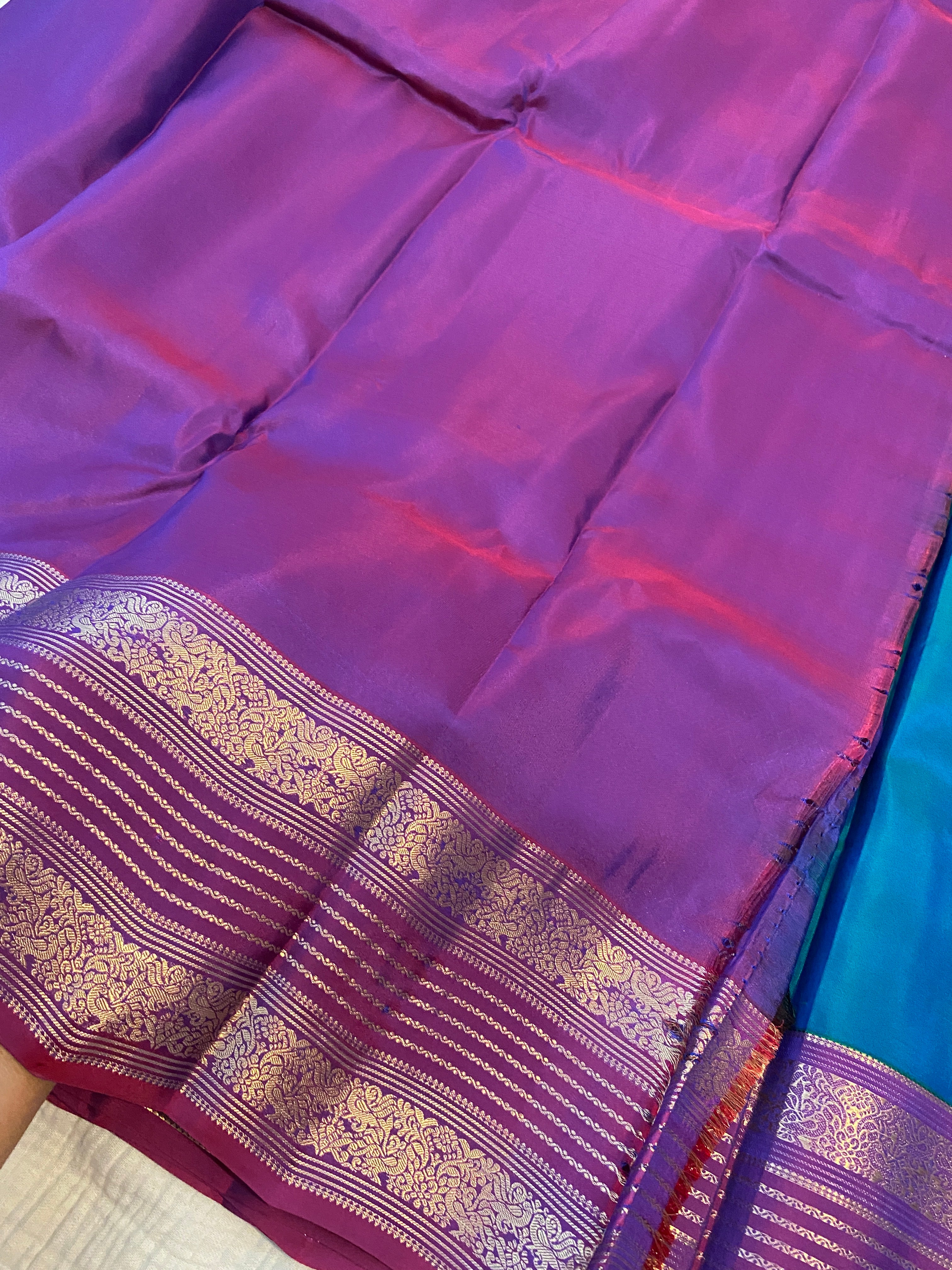 Pure Kanchipuram Silk Saree in Peacock Blue with Contrast Purple Zari Border | Silk Mark Certified