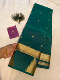Teal Green Semi-Kanchipuram Silk Saree with Gold Zari Butta & Traditional Temple Border