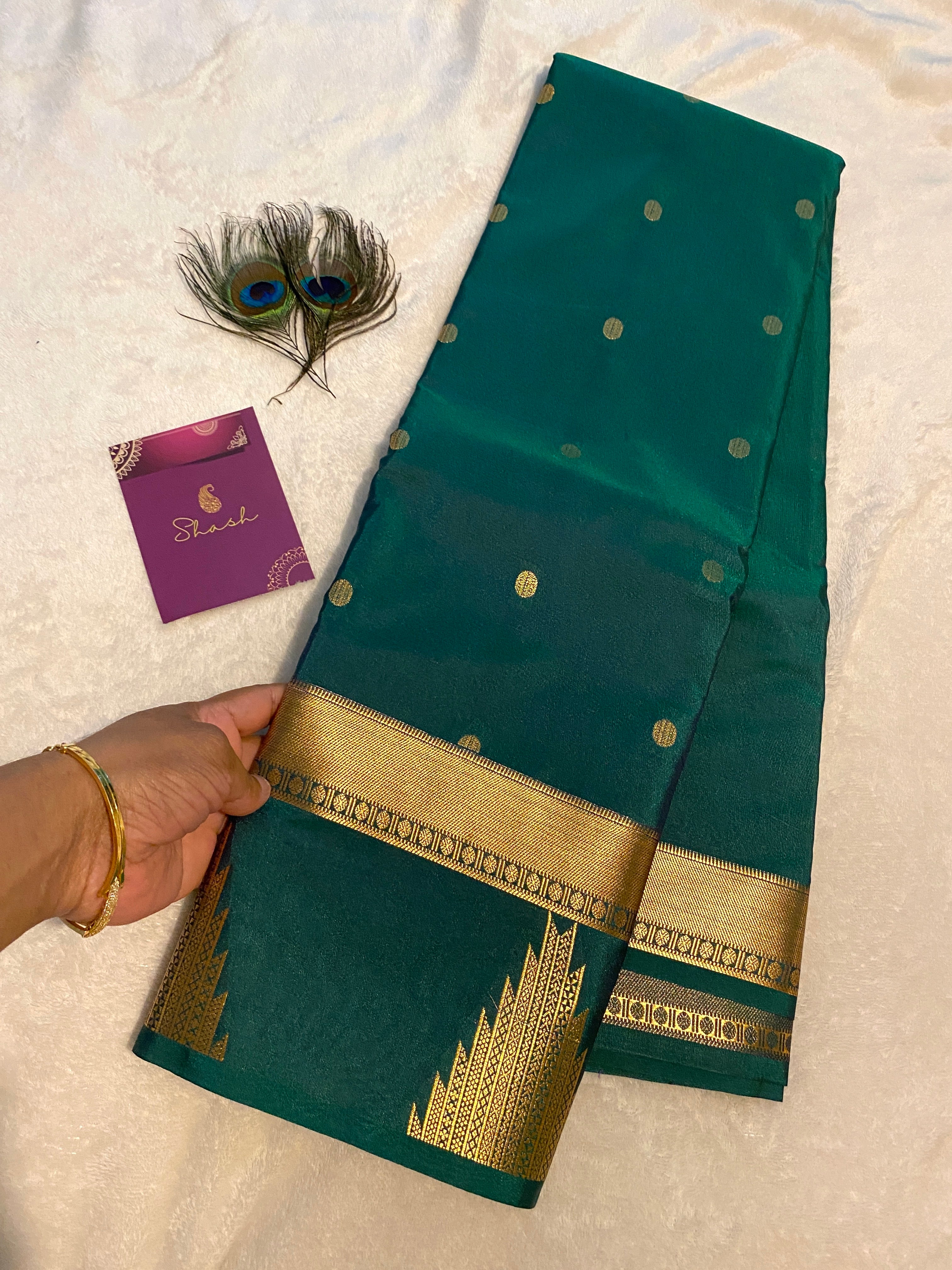 Teal Green Semi-Kanchipuram Silk Saree with Gold Zari Butta & Traditional Temple Border