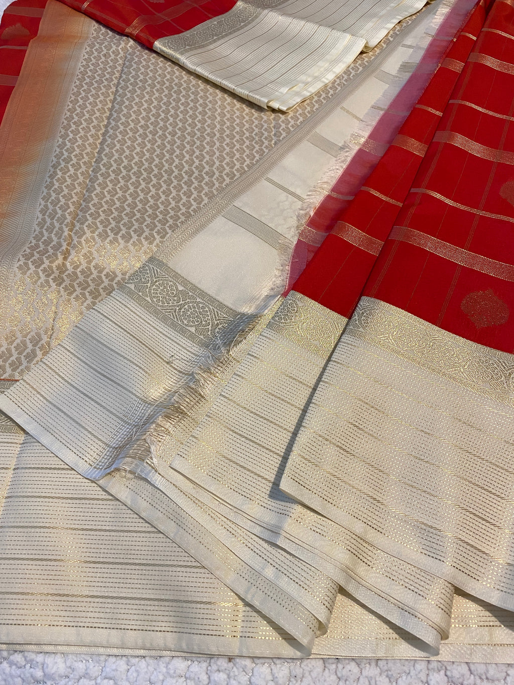 Semi-Kanchipuram Silk Saree in Red with Off-White Pallu & Gold Zari Border