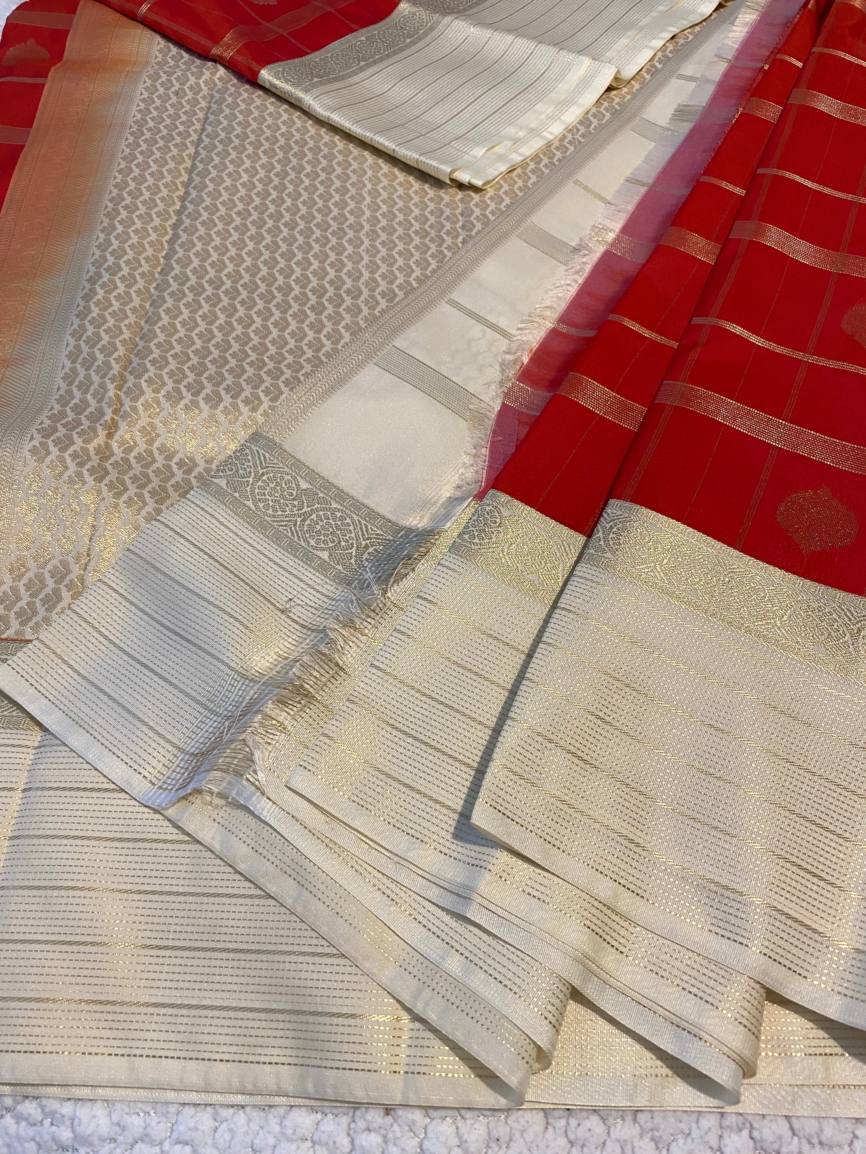 Semi-Kanchipuram Silk Saree in Red with Off-White Pallu & Gold Zari Border