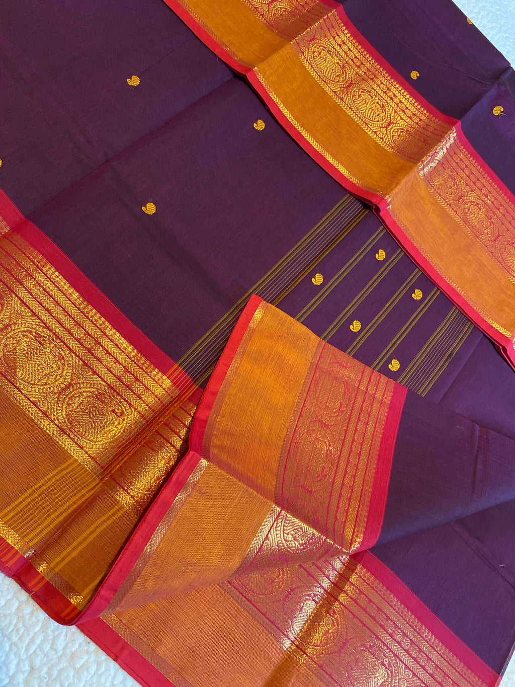 Purple Pure Kanchi Cotton Saree with Contrast Orange Border