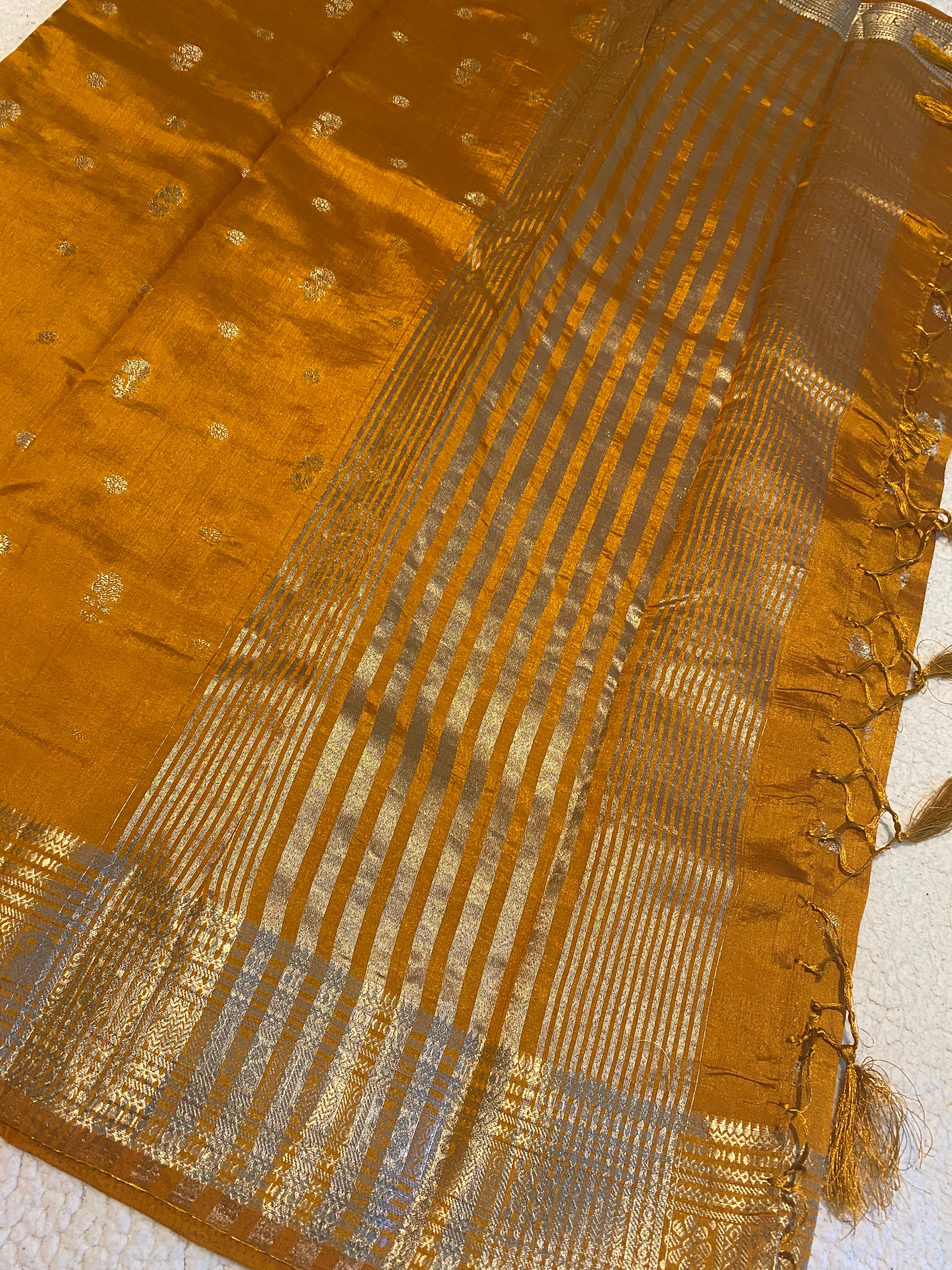 Mustard Yellow Tussar Silk Saree with Pallu and Border Detailing