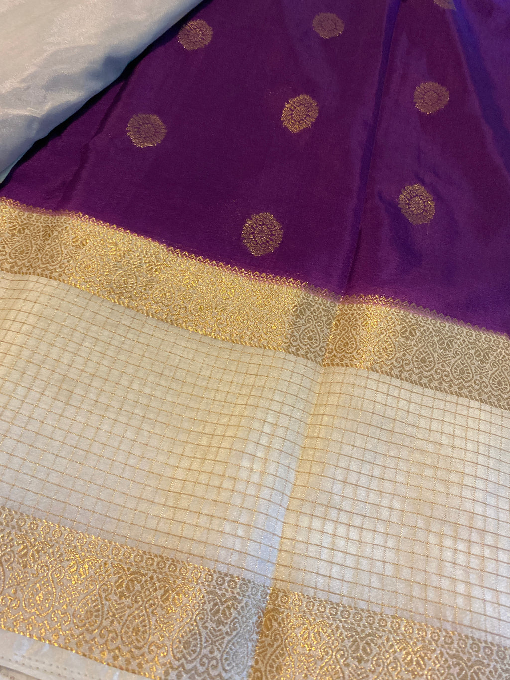 Elegant Purple & Off-White Semi Crepe Silk Saree