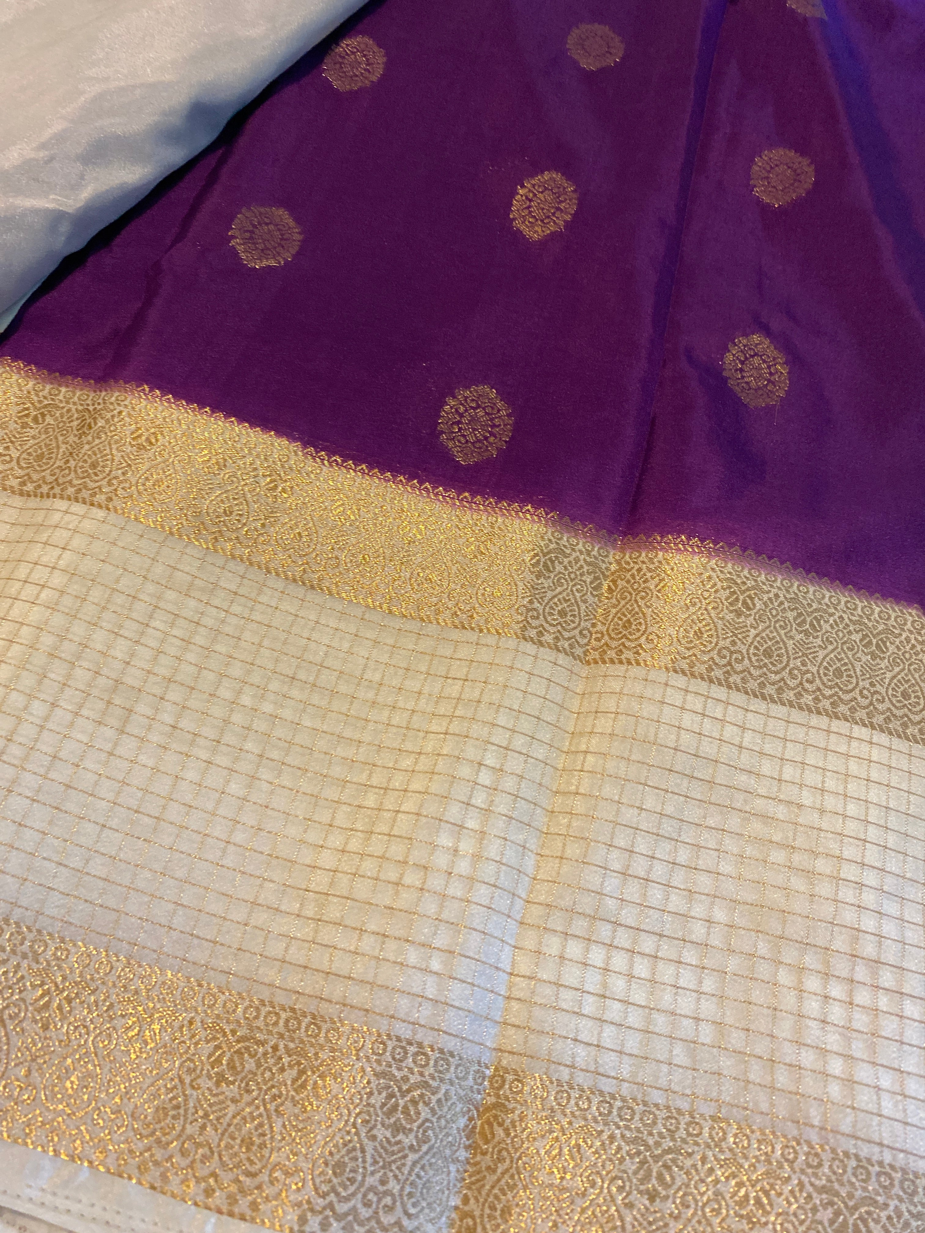 Elegant Purple & Off-White Semi Crepe Silk Saree